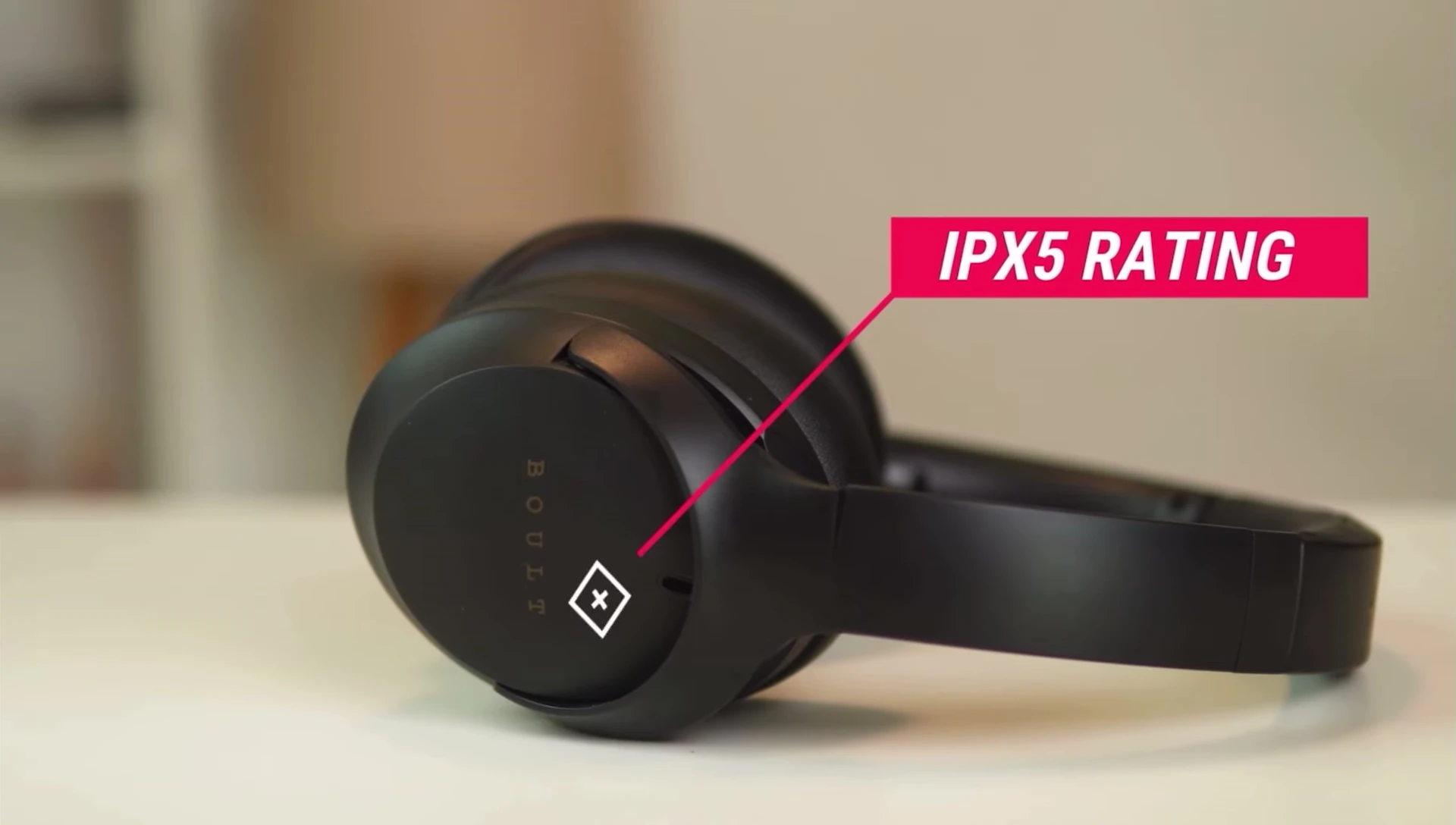 Bolt K headphones highlighting their IPX5 rating and suitability for workouts