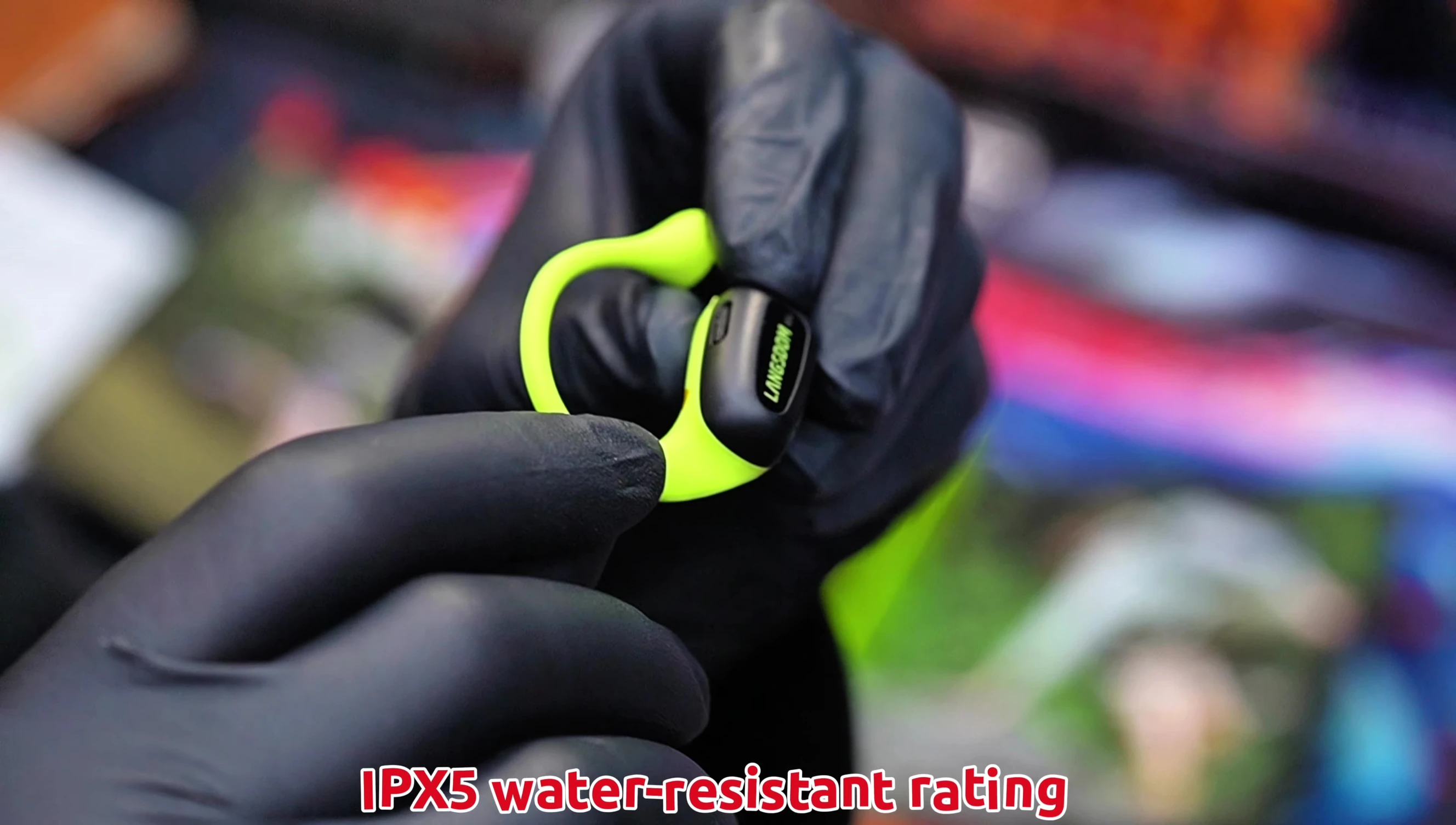 Close up highlighting the IPX5 water resistance.
