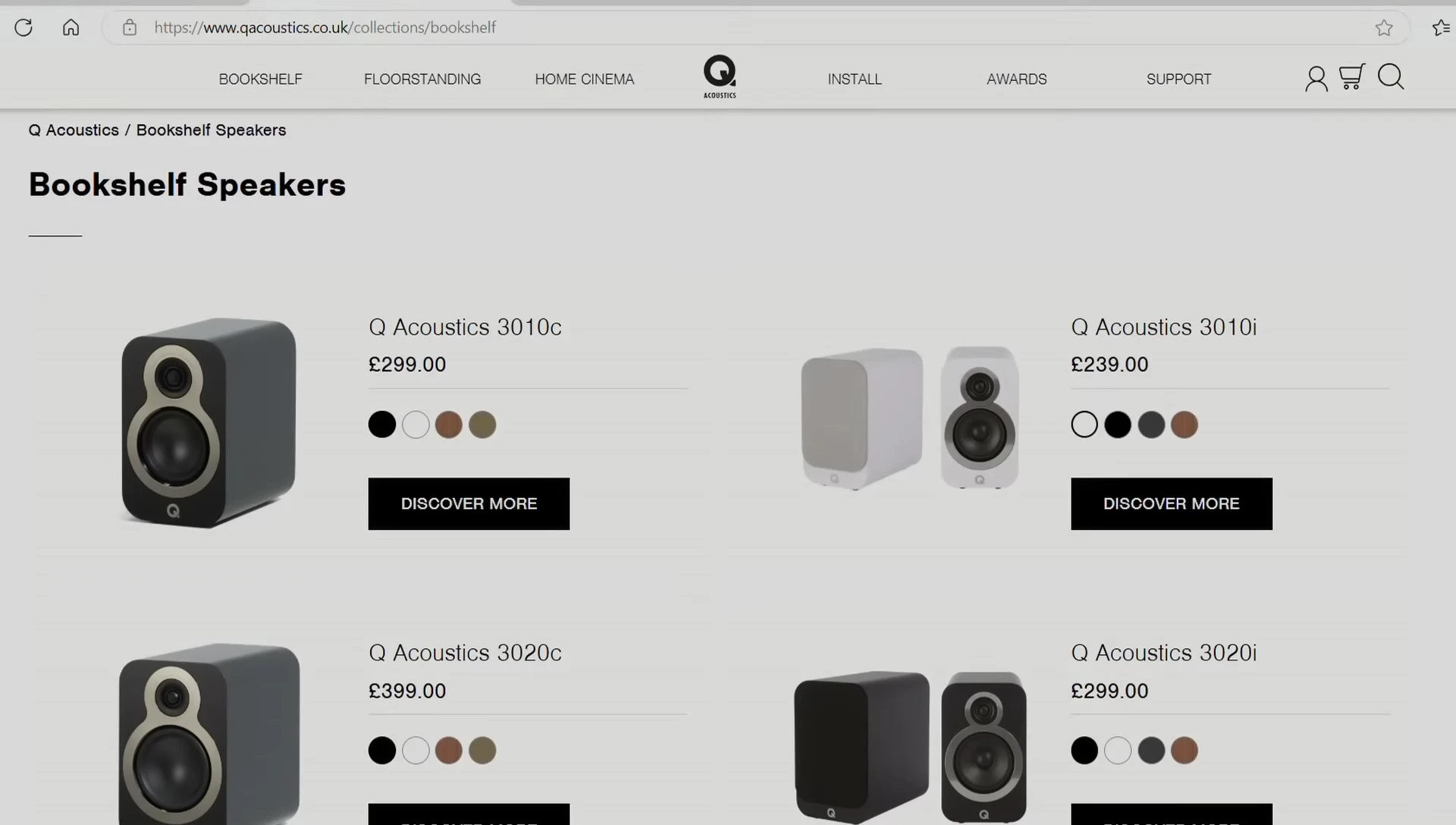 Close-up of the Q Acoustics 3030C speakers in different finishes.