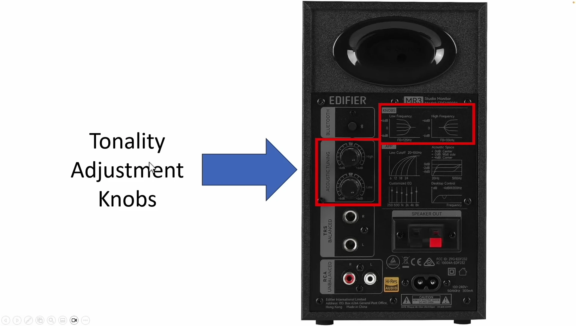 Rear panel of the Edifier MR3 with adjustment knobs
