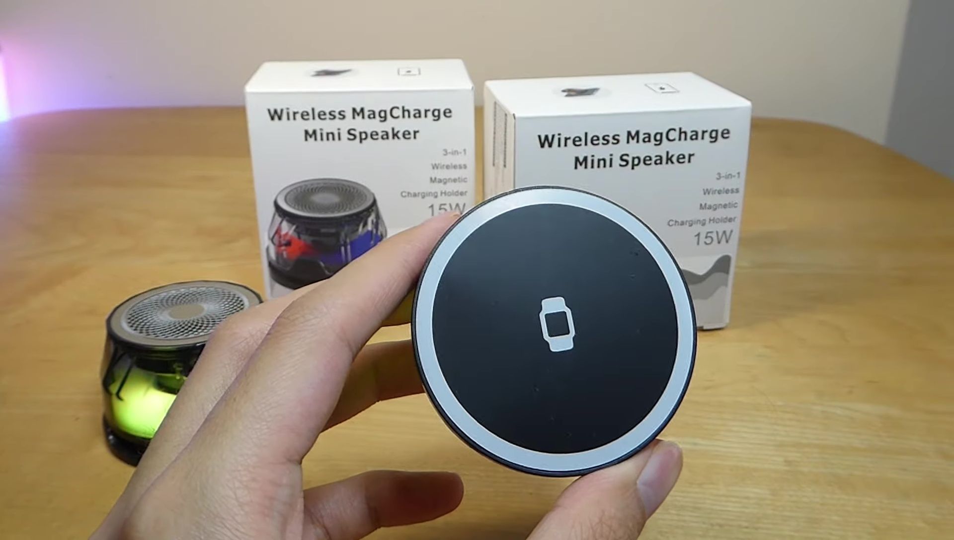 The PowerBeat speaker showing the wireless charging surface.
