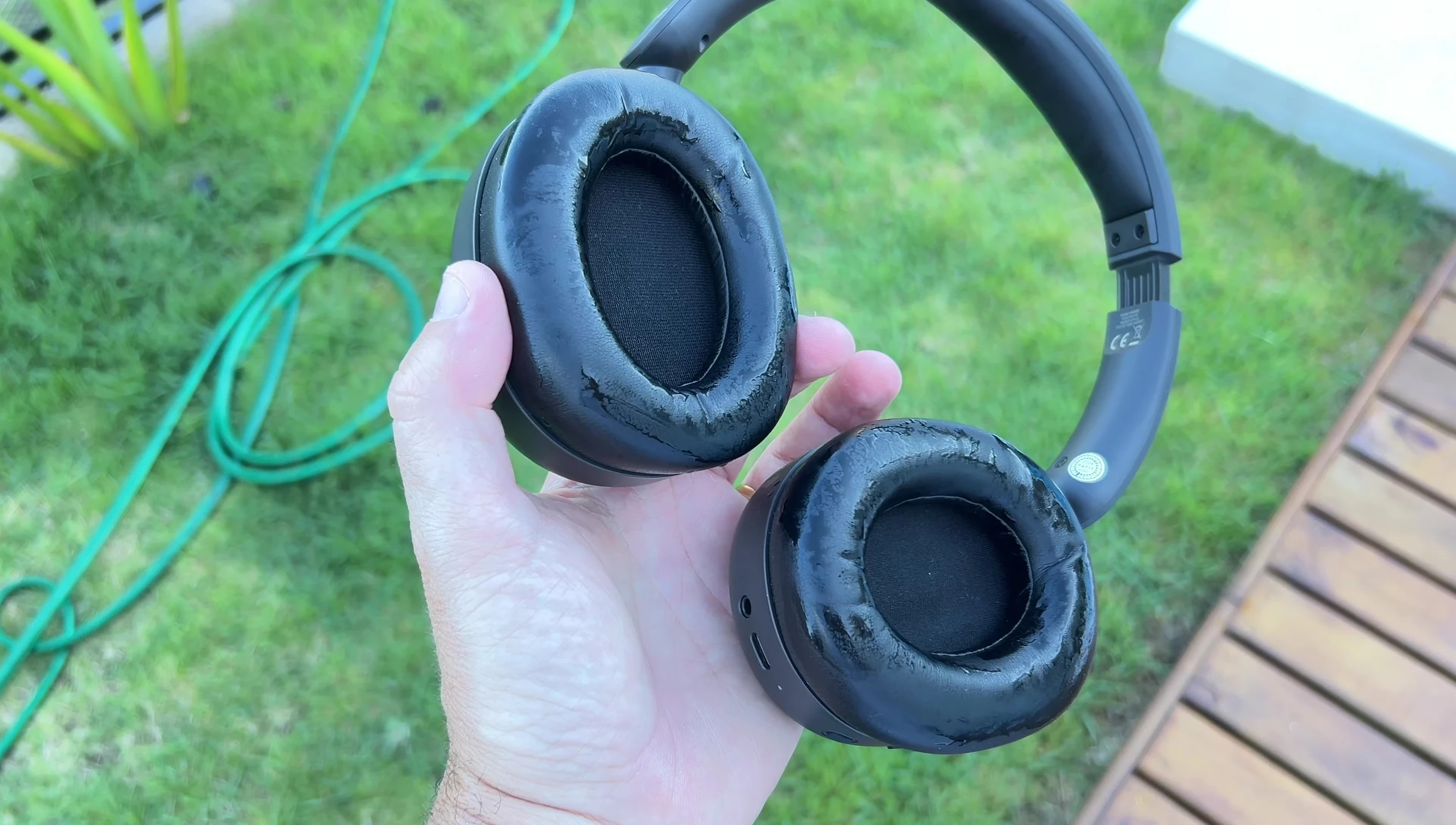 Close-up shot showing potential wear and tear on the earcups.