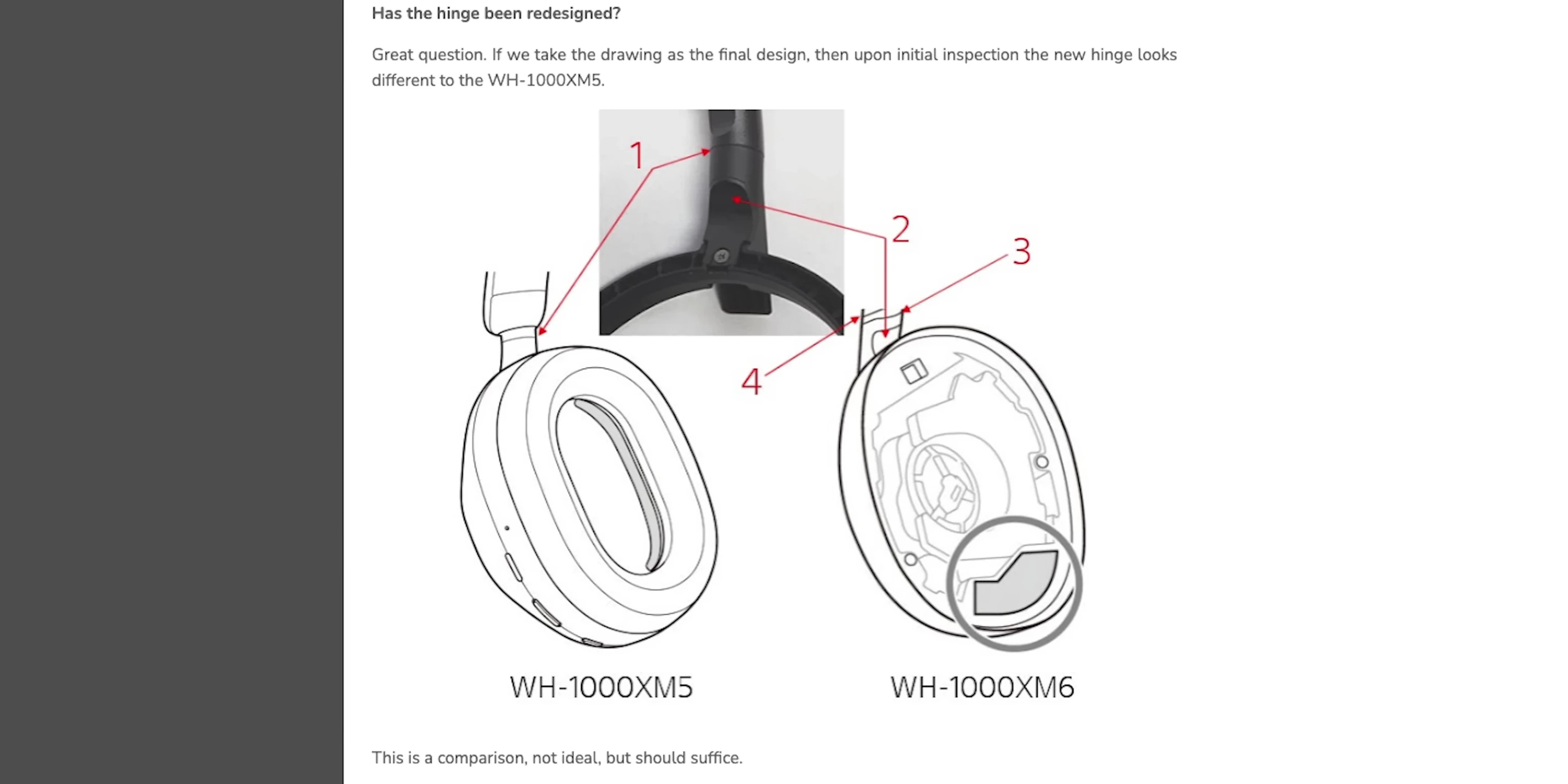Comparison screenshot showcasing the differences between the XM5 and XM6 hinge and earcup designs.
