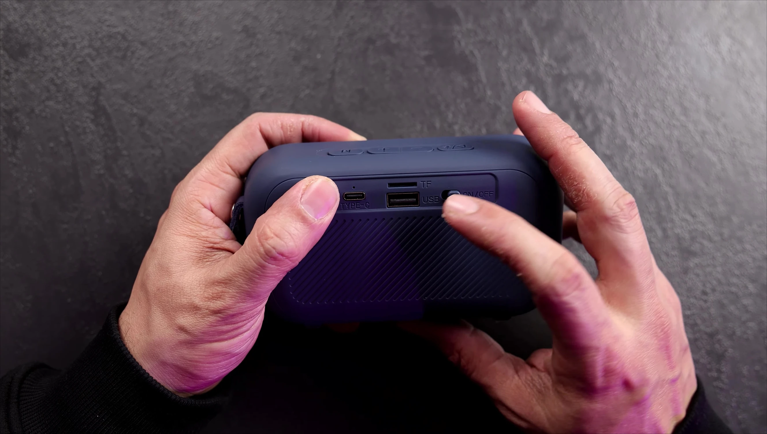 Close-up showcasing the Type-C charging port, USB port, and microSD card slot