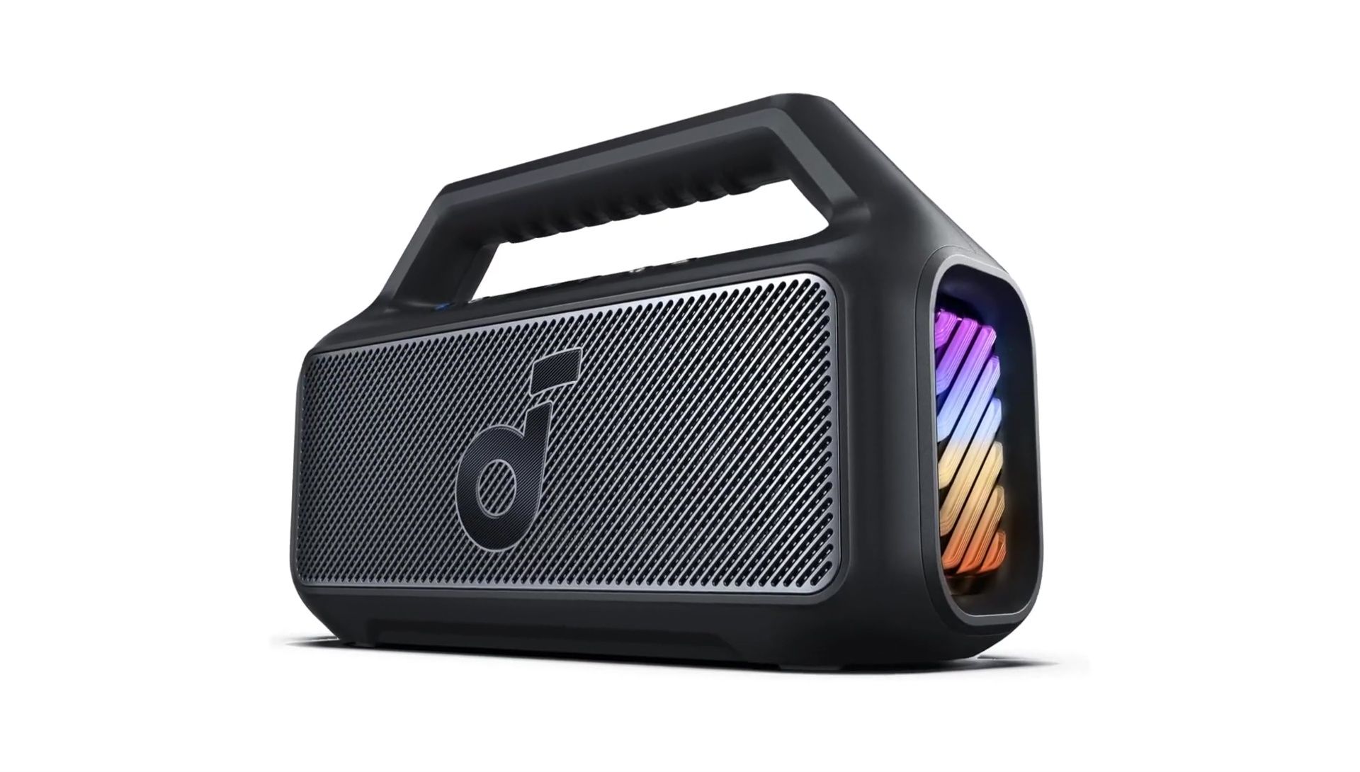 Highlighting the speaker's racetrack subwoofer and dual tweeters.