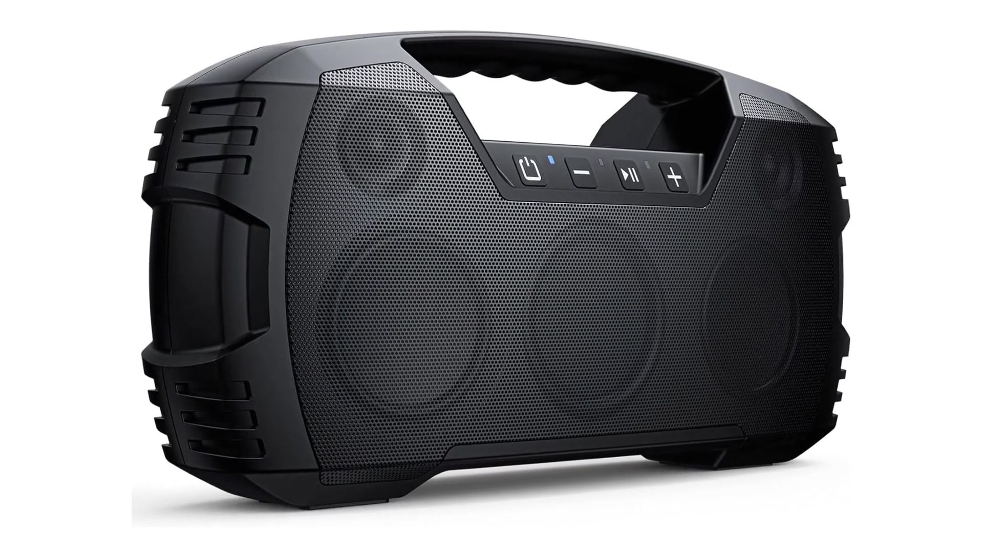 Highlighting the speaker's multiple drivers and passive radiators.