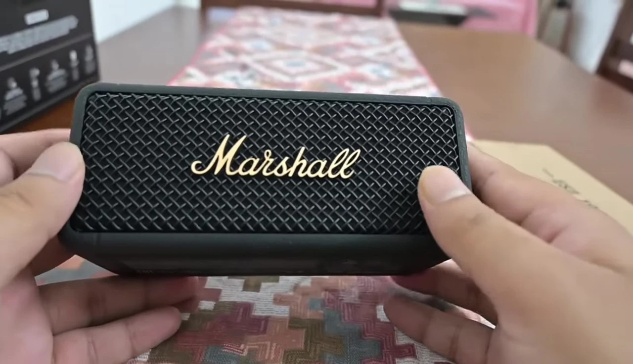 Close-up of the Marshall Emberton 2 speaker, showcasing its design and build quality.
