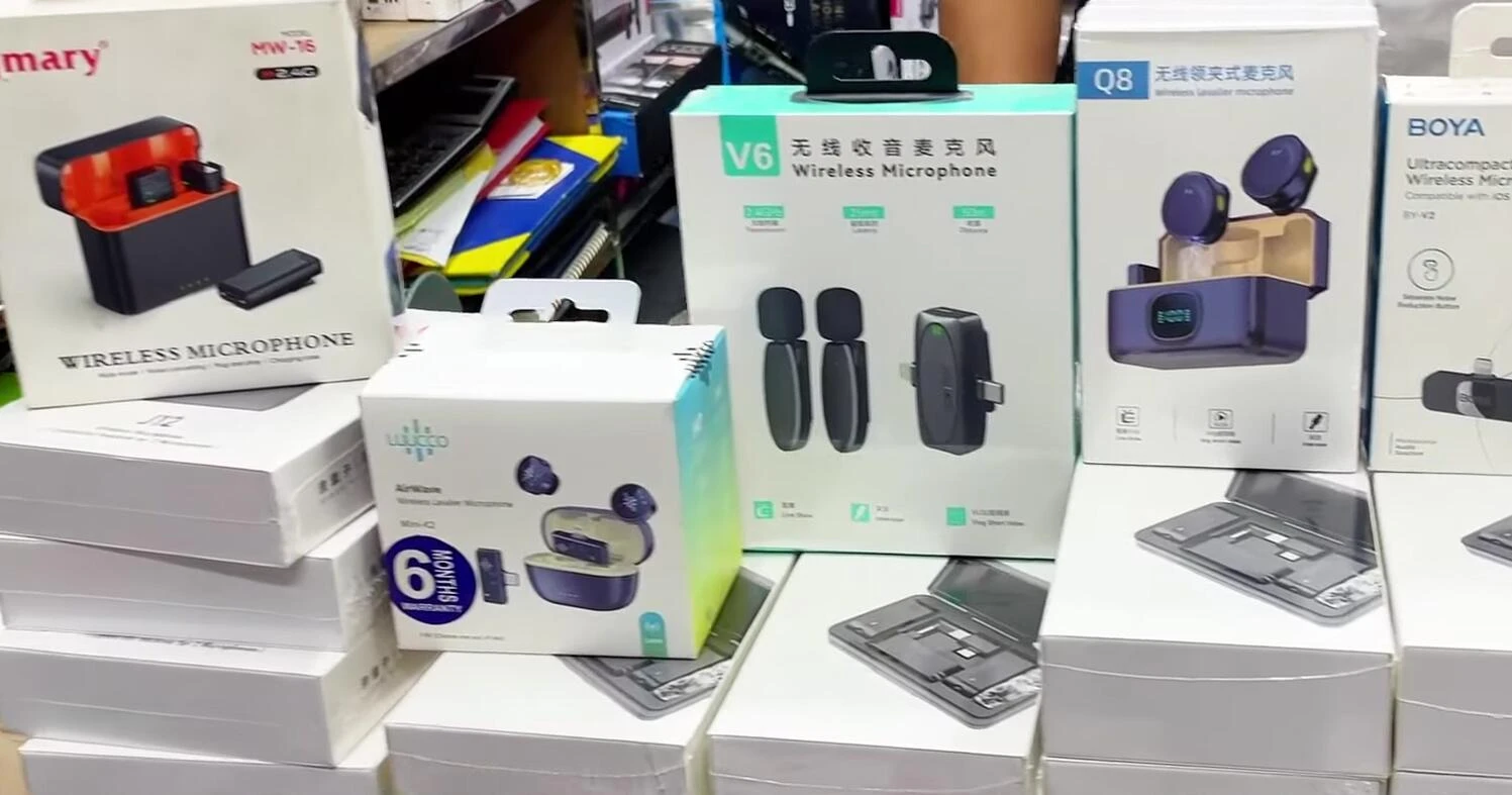 Wide shot of various wireless microphones displayed at Rizal Mart.