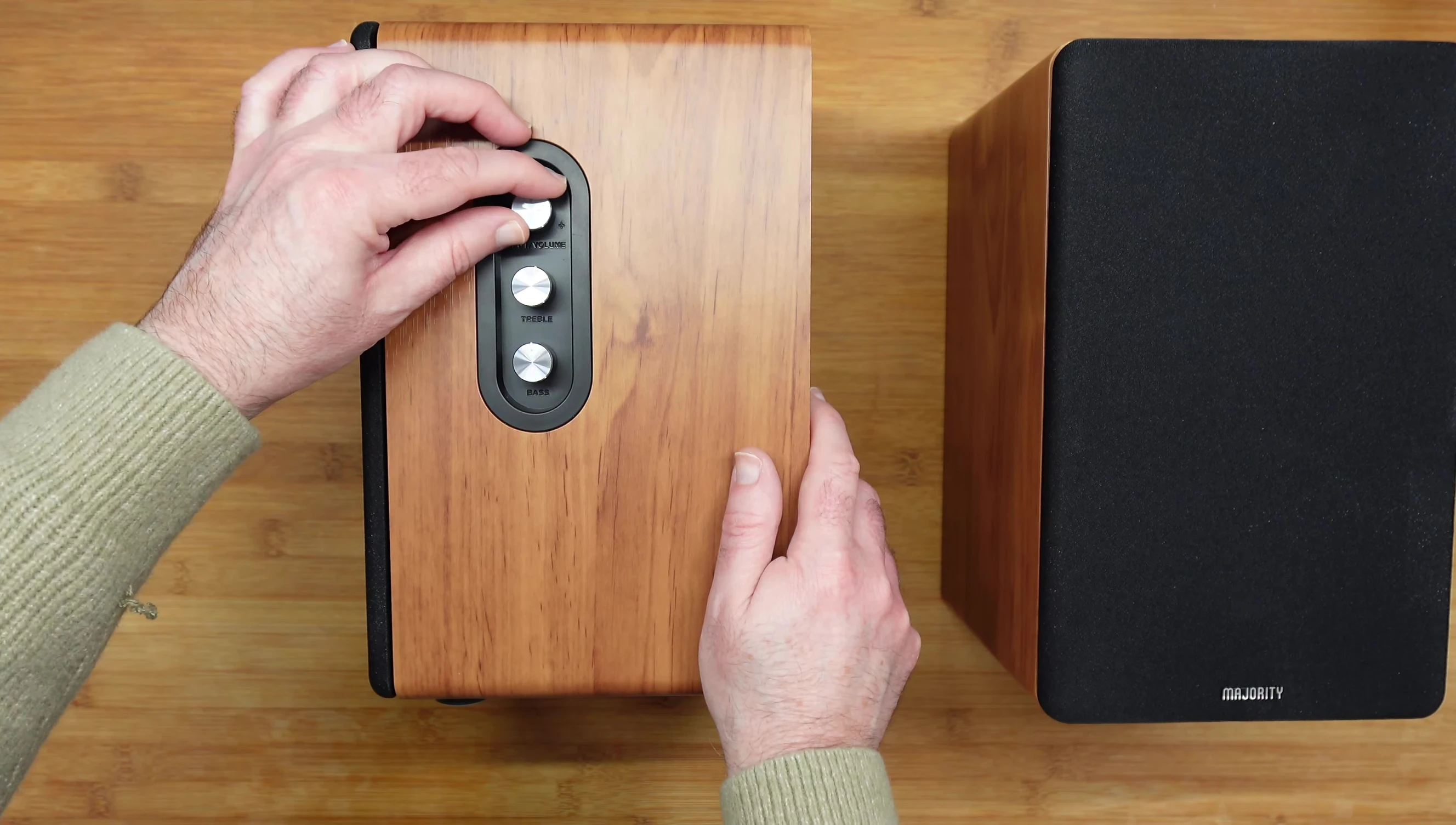 Close-up of the controls on the master Majority D100 speaker.