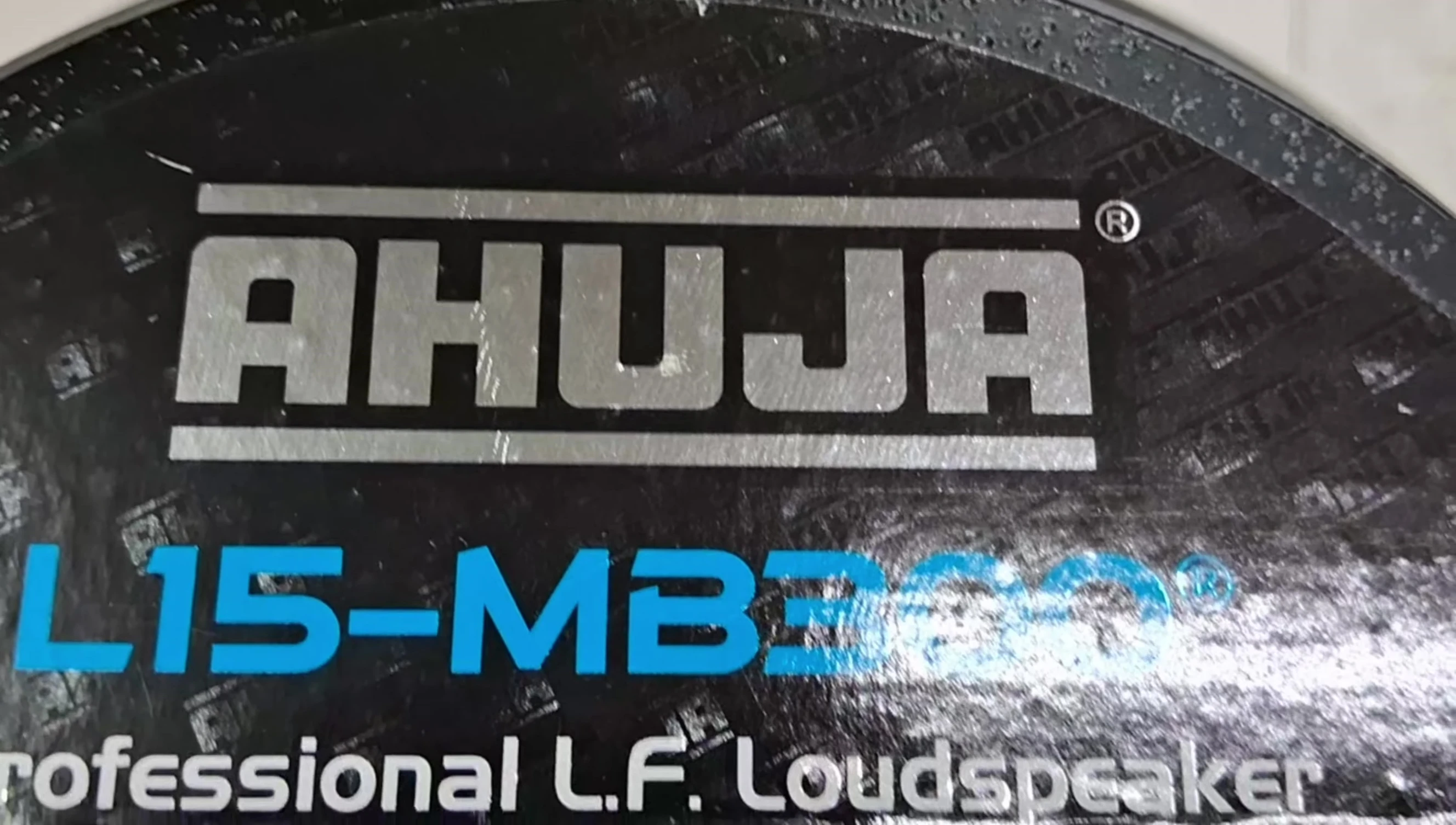 Close-up of the speaker's branding and model number