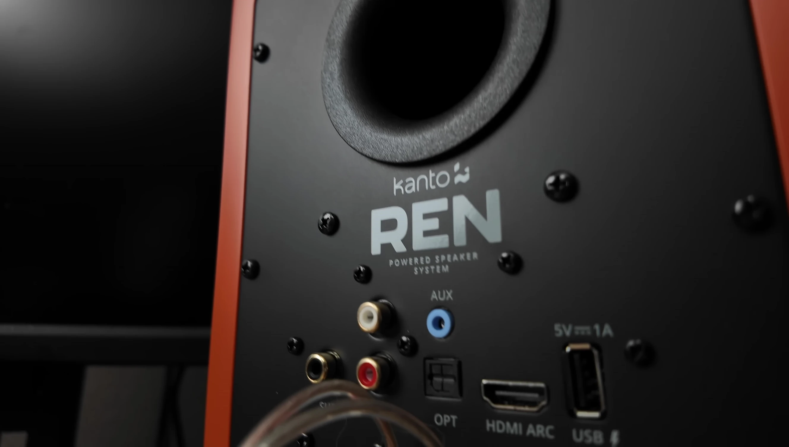 Shot of the rear panel of the speaker showcasing its various ports and connectors.