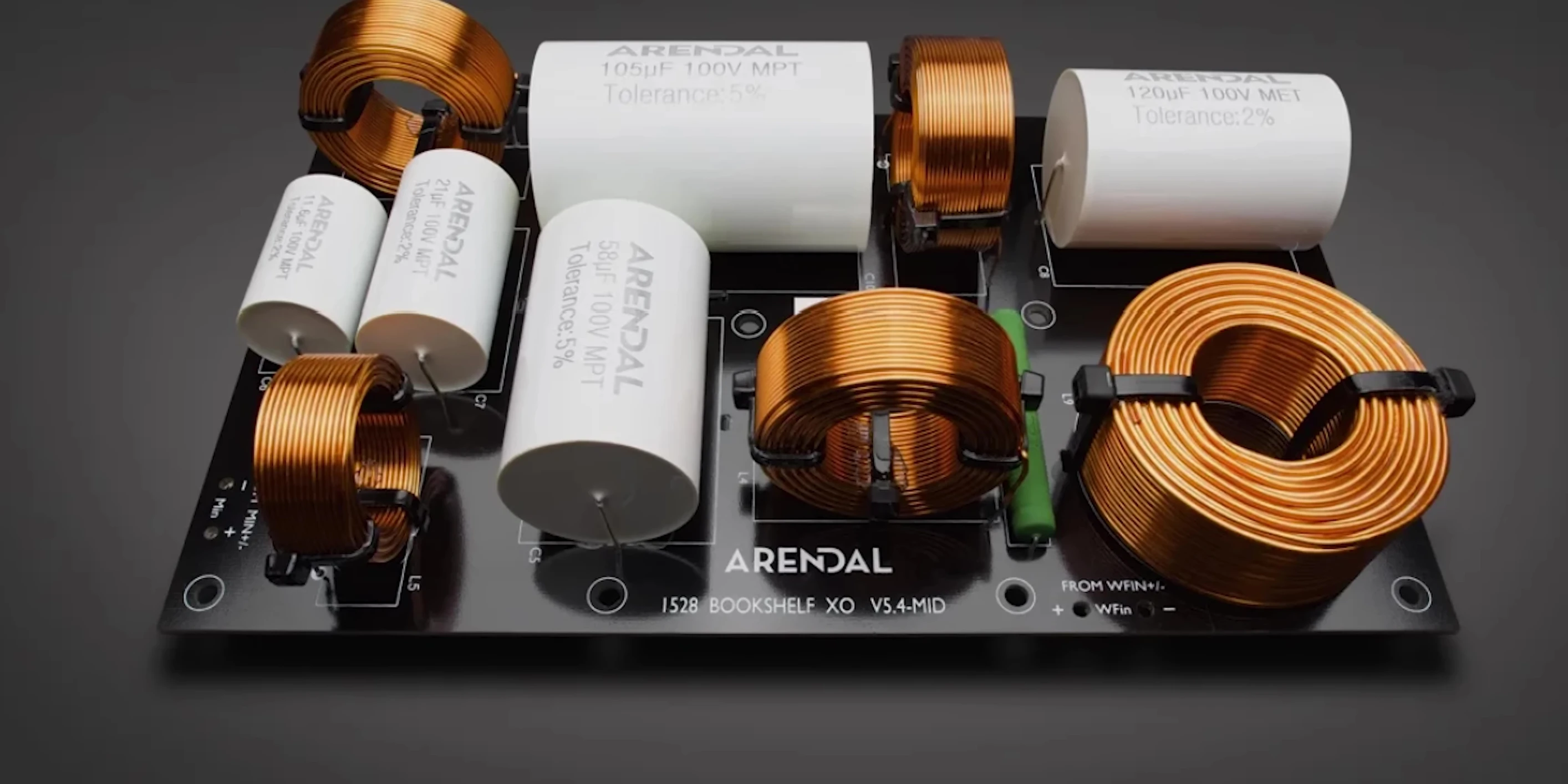Close-up view of the internal components of the 1528 speaker's crossover.