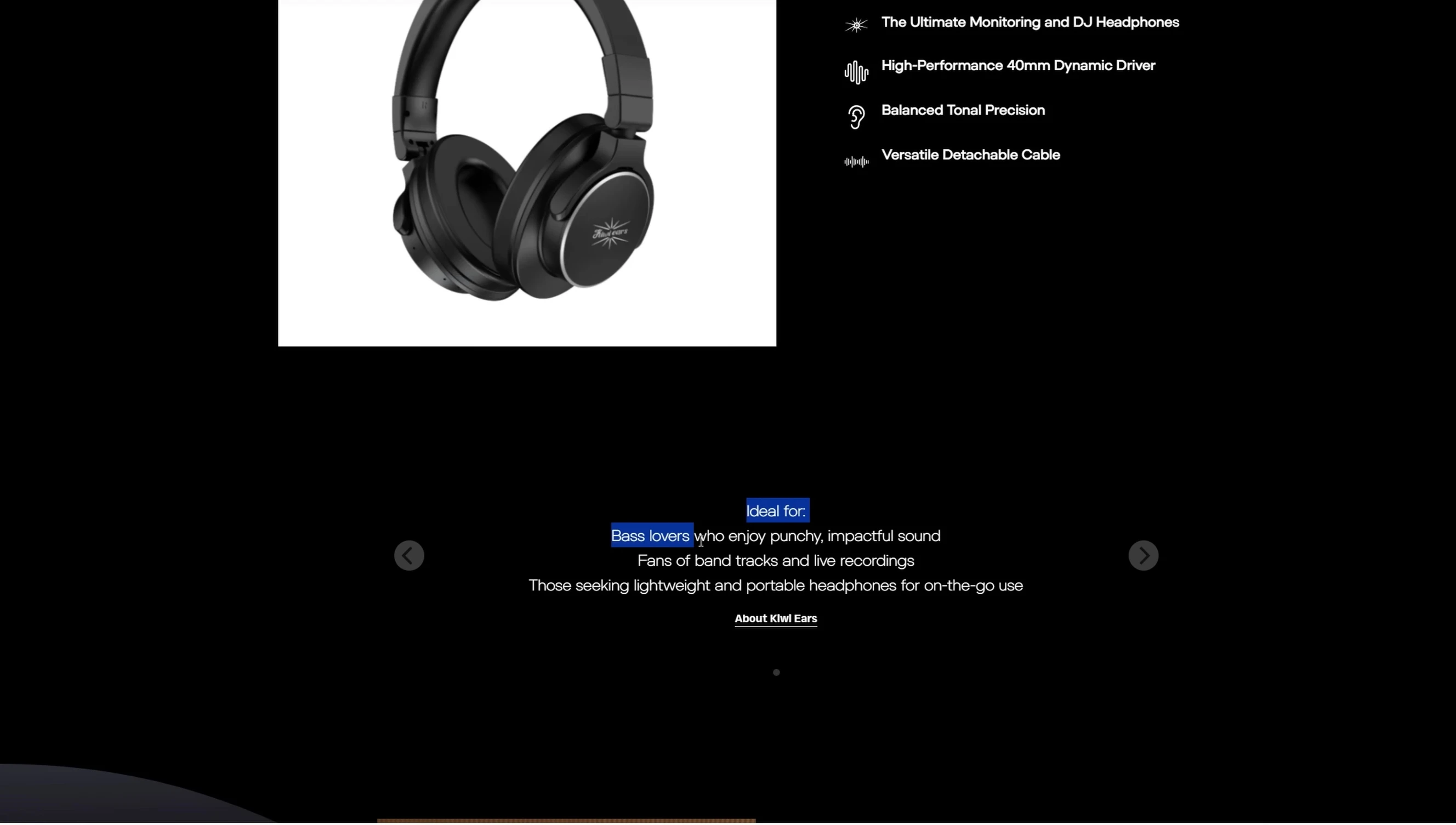 Screenshot of the website description emphasizing the bass response of the headphones.
