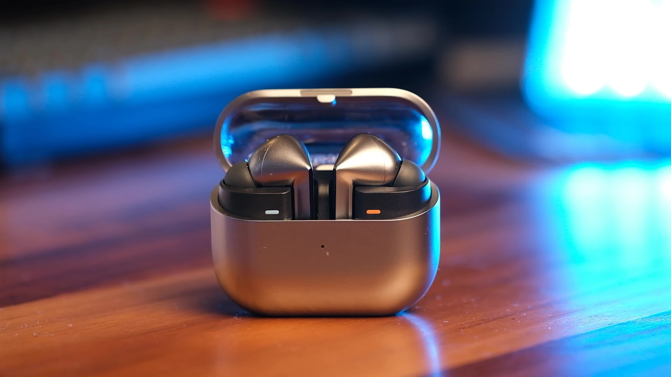Close-up of the Samsung Galaxy Buds 3 Pro earbuds.