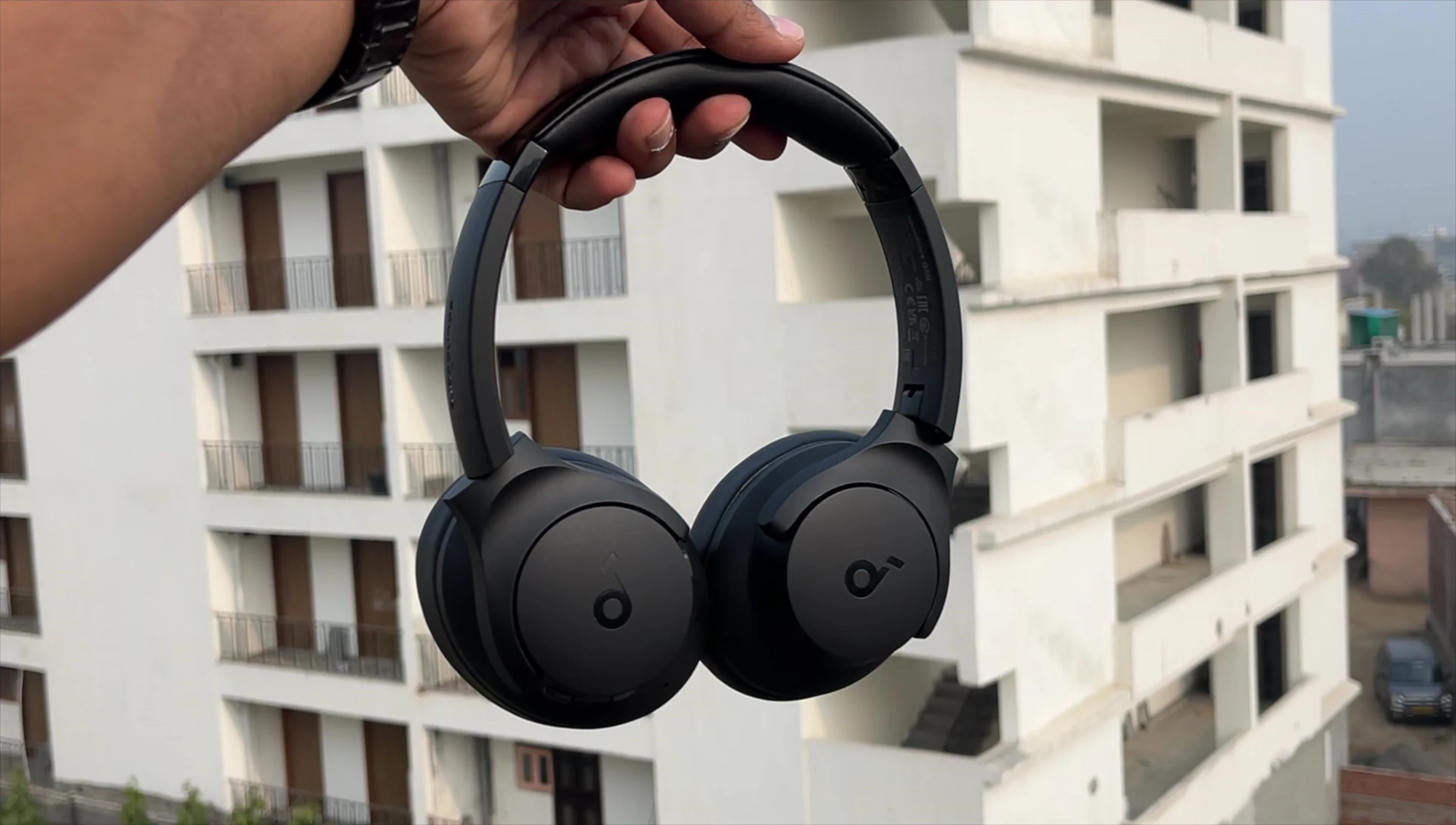 A view of the headphones showcasing the design and branding