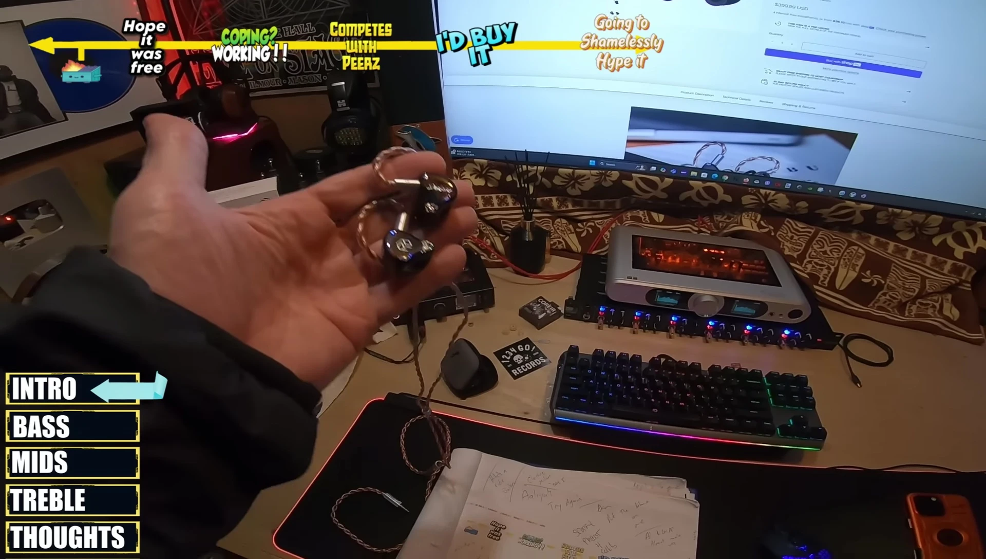 The earphones and cable displayed, highlighting their design and quality.