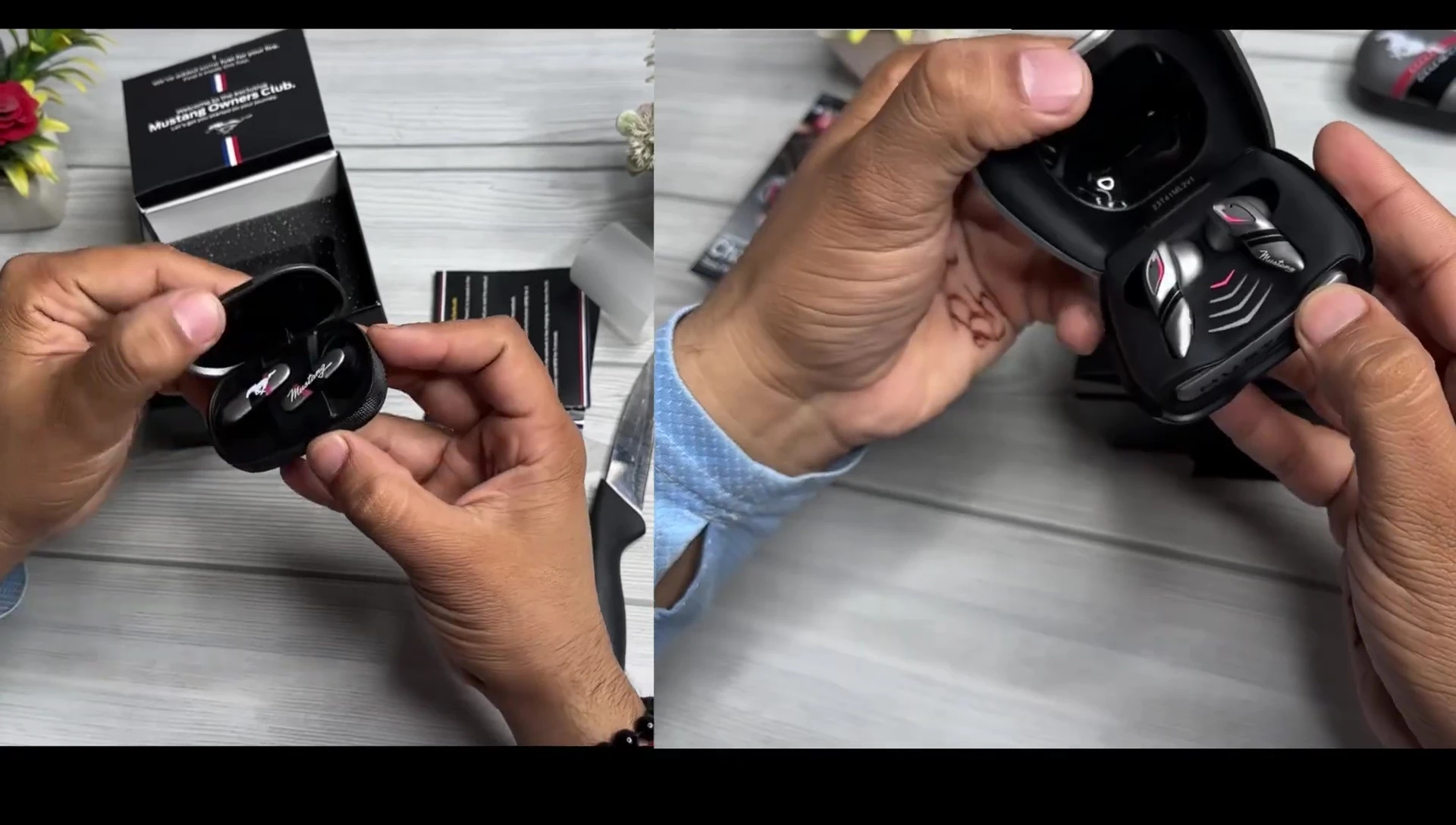 Opening the box to reveal the earbuds and accessories