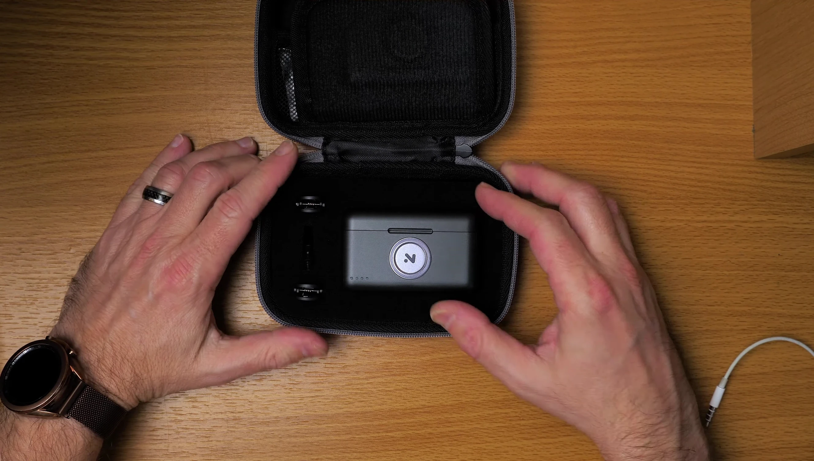 Close-up of the charging case and its contents.
