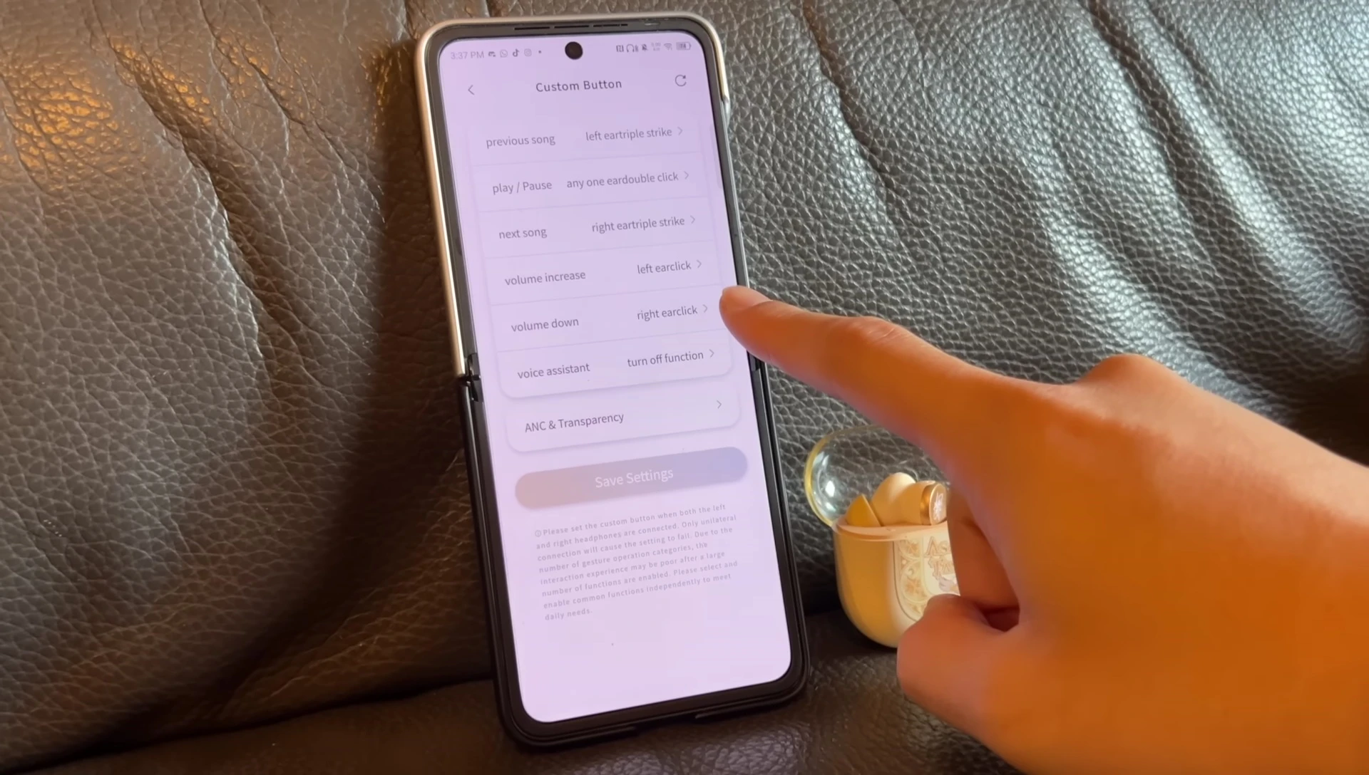 Screenshot showing custom tap controls customization in the app