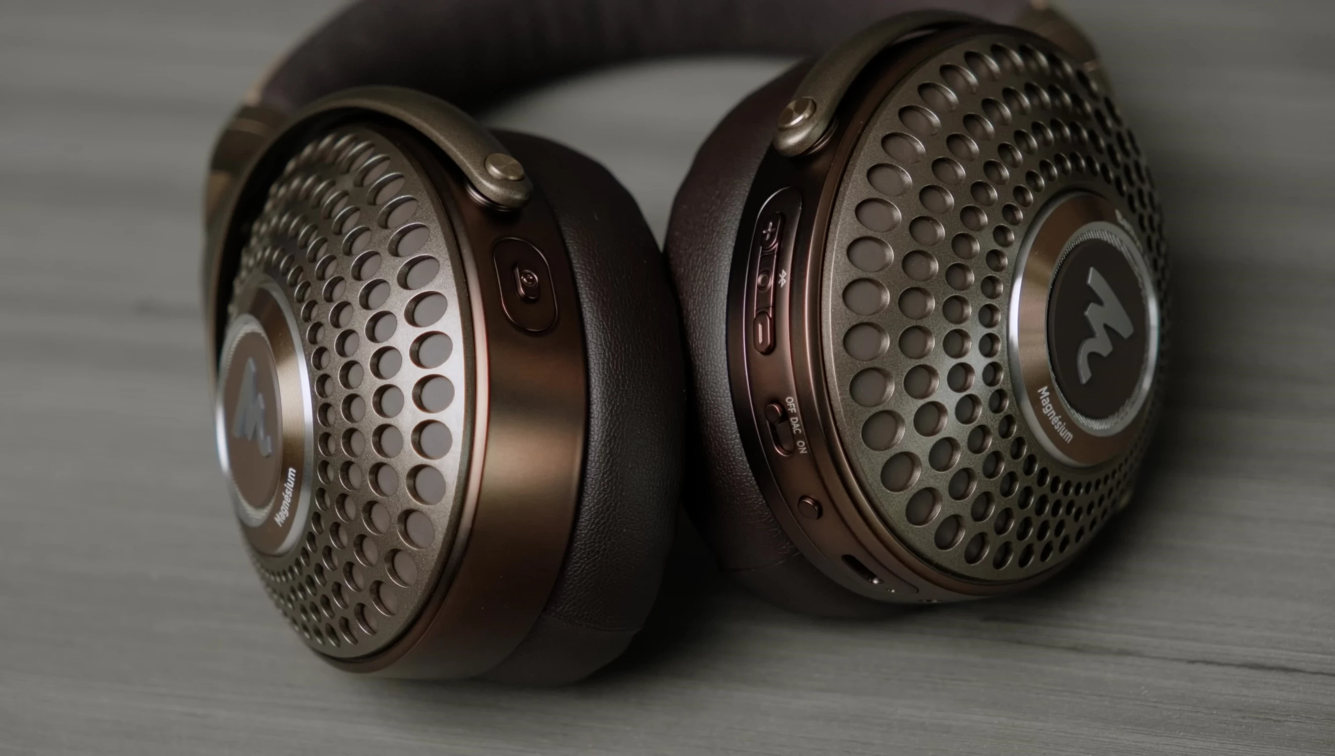 Close-up shot of the Focal Bathys MG showcasing its bronze and brown color scheme.
