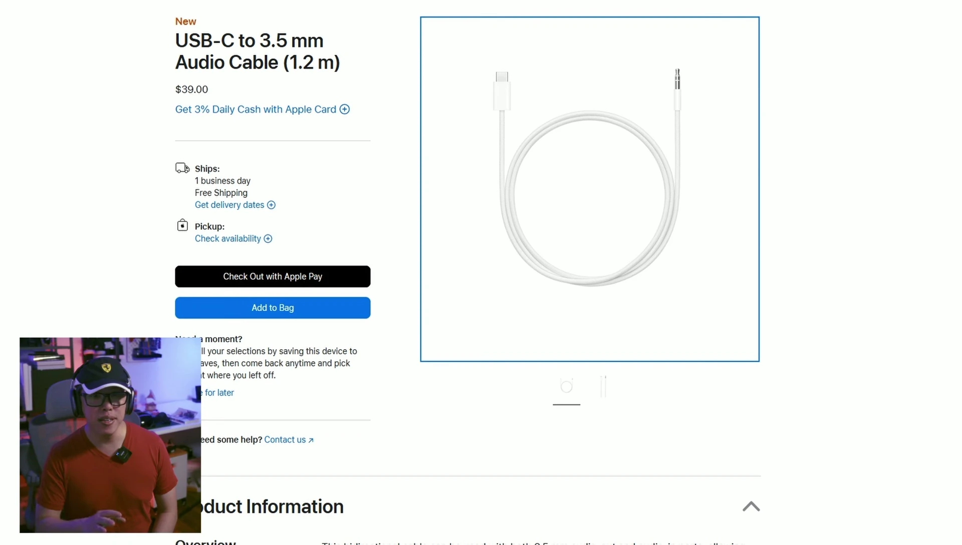 Screenshot showing the price and description of the new USB-C cable from Apple