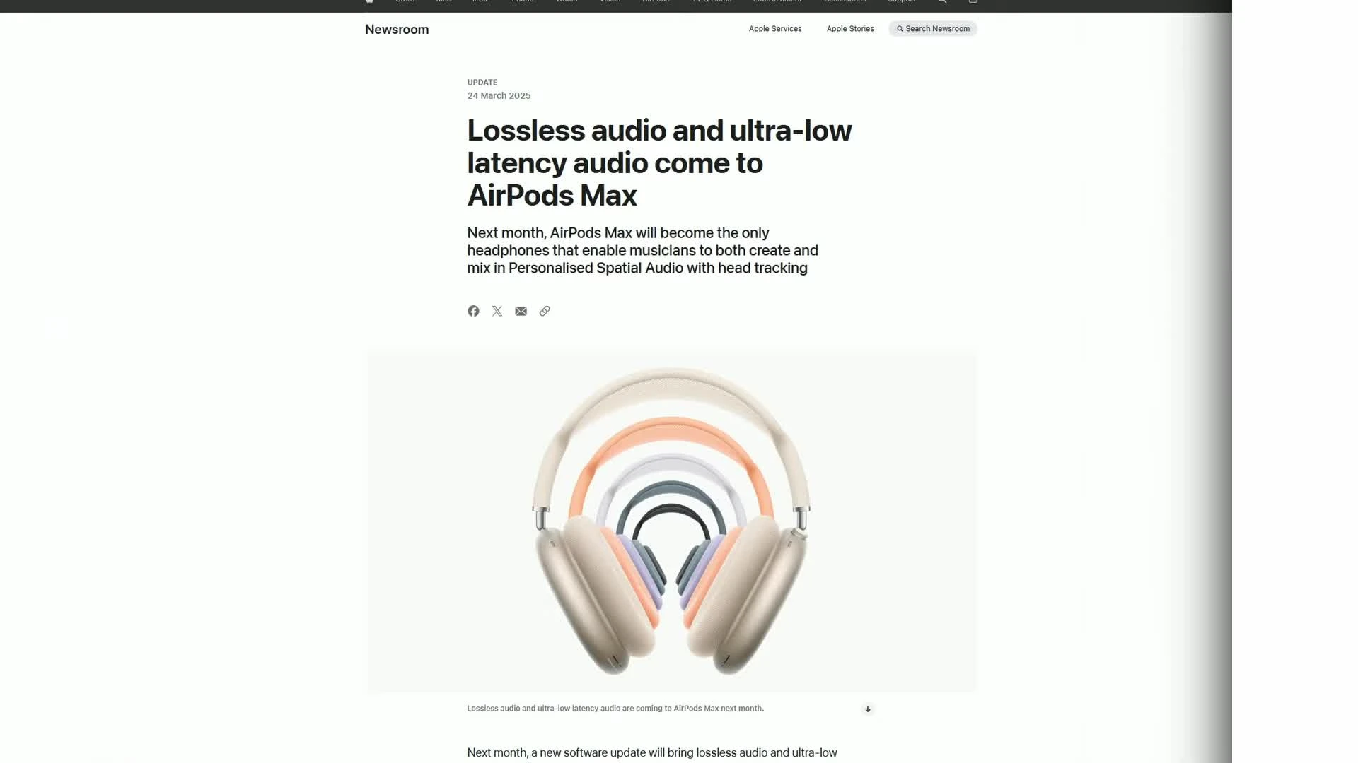 Screenshot showing the announcement of the AirPods Max firmware update