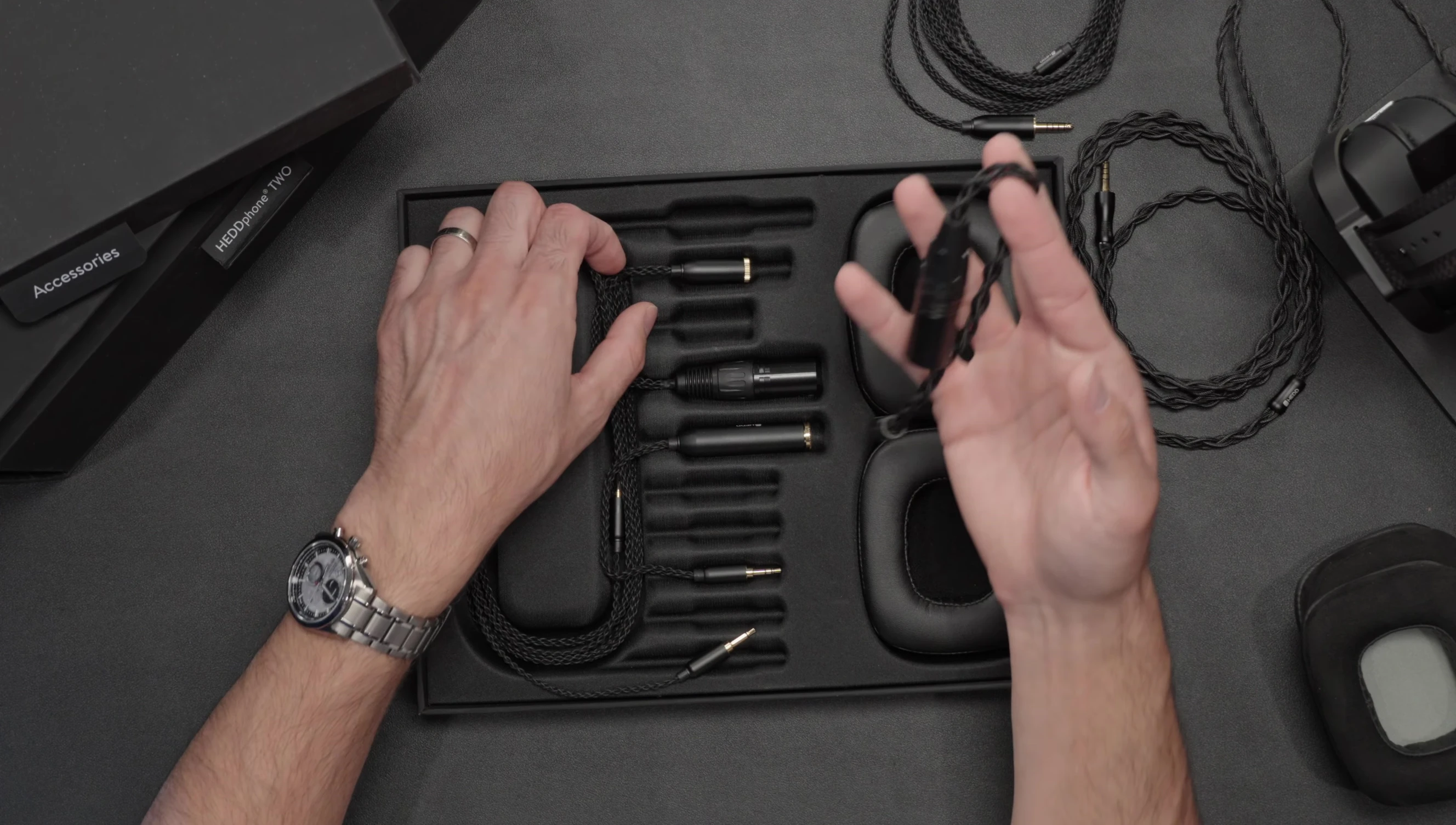 Comparison shot of the HEDDPhone 2 and 2 GT cables, highlighting their material and texture differences.