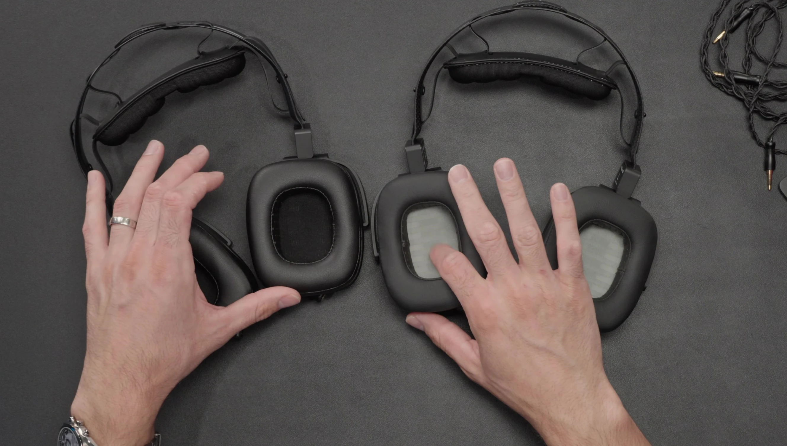 Close-up comparison of the HEDDPhone 2 and 2 GT driver screens, showcasing differences in design and material.