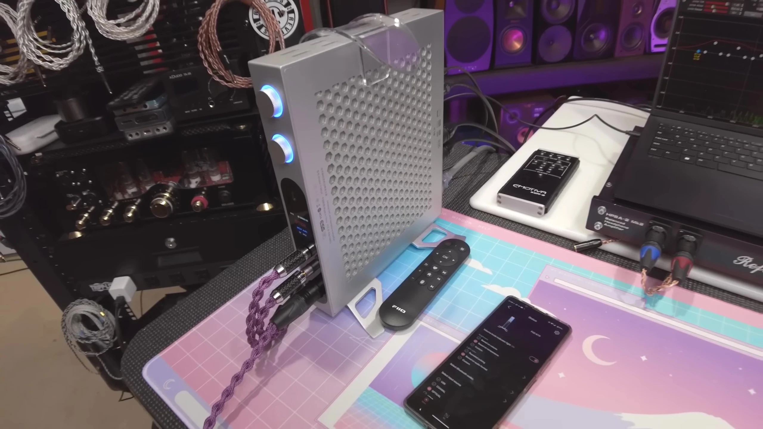 The FiiO K19 with its included stand