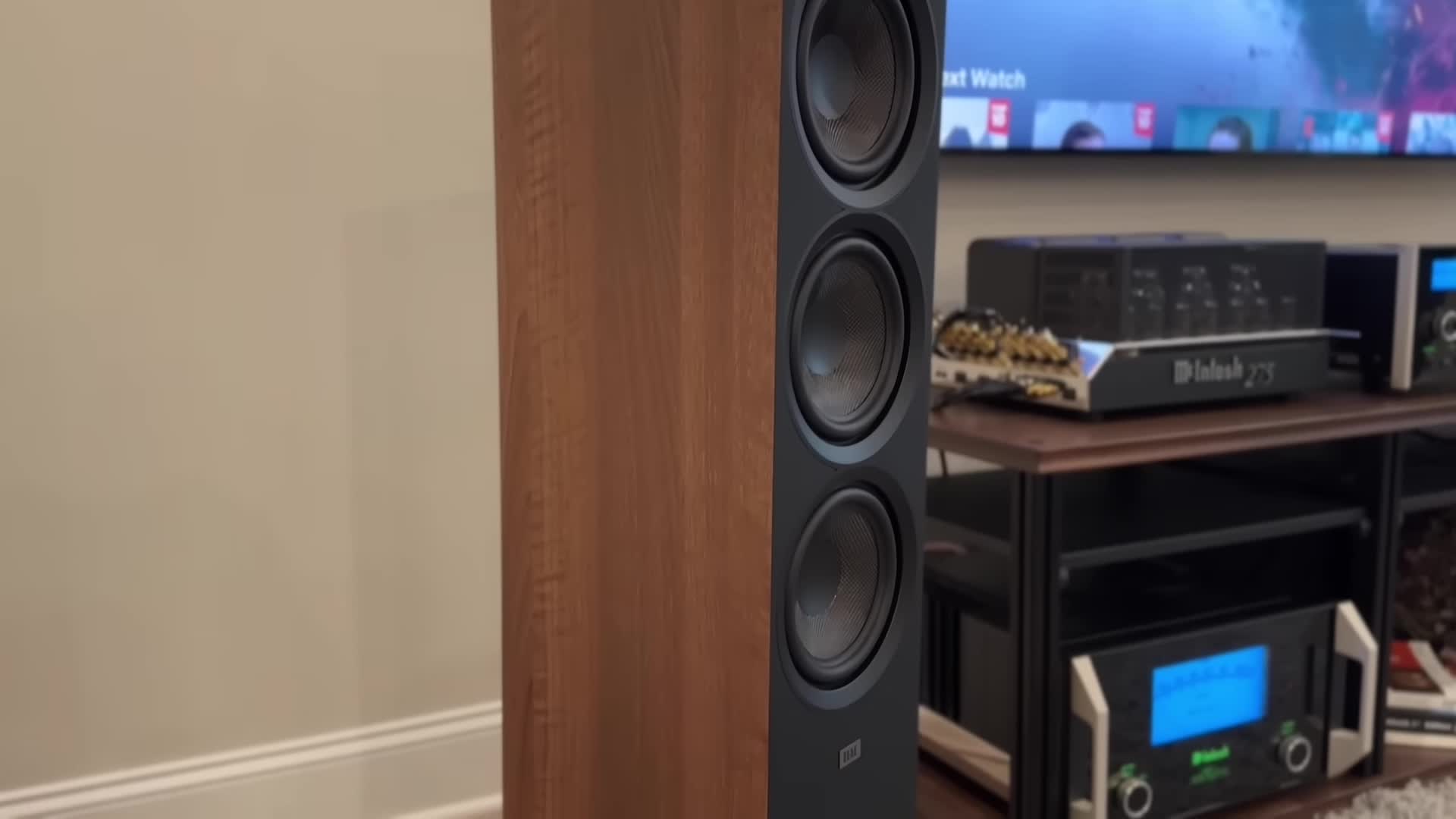 Close-up of the ELAC DF63 speaker showing the wood finish option.