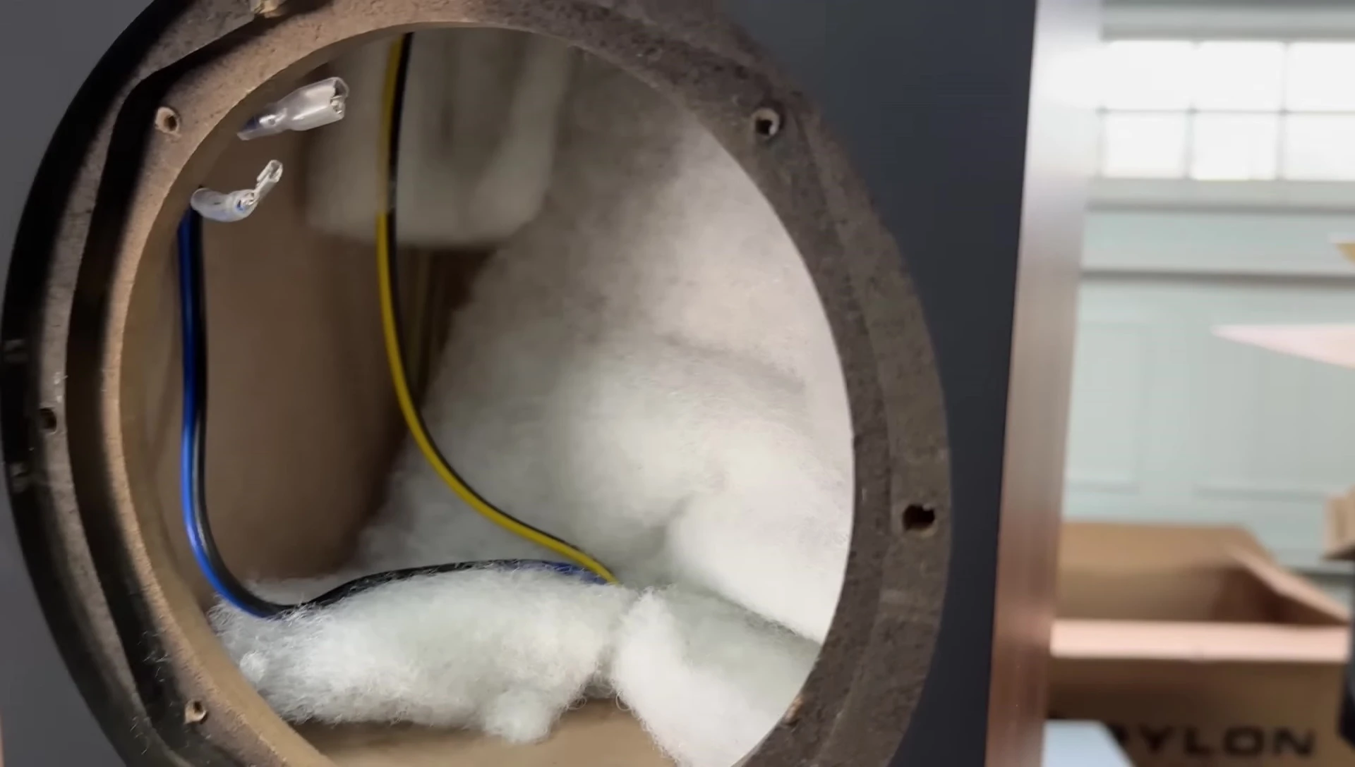 Close up of the internal components of the speaker.