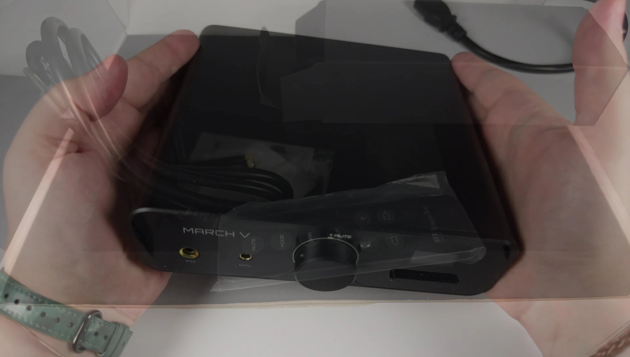 Close-up of the TempoTec March V DAC/Amplifier showing its size and build quality