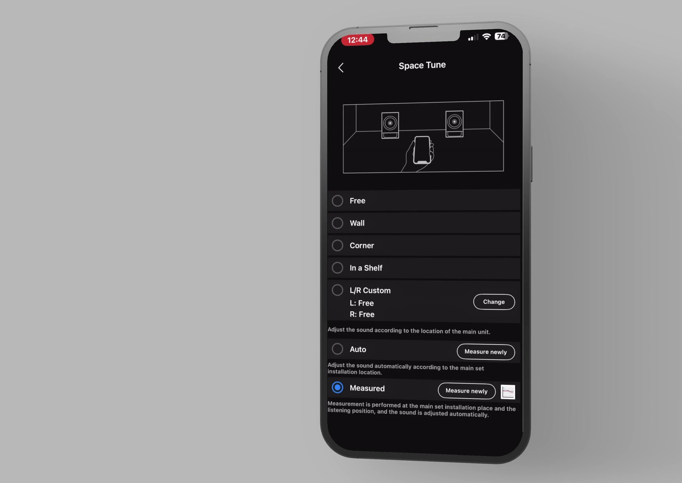 Screenshot of the app's settings, showing tone controls and Spacetune.