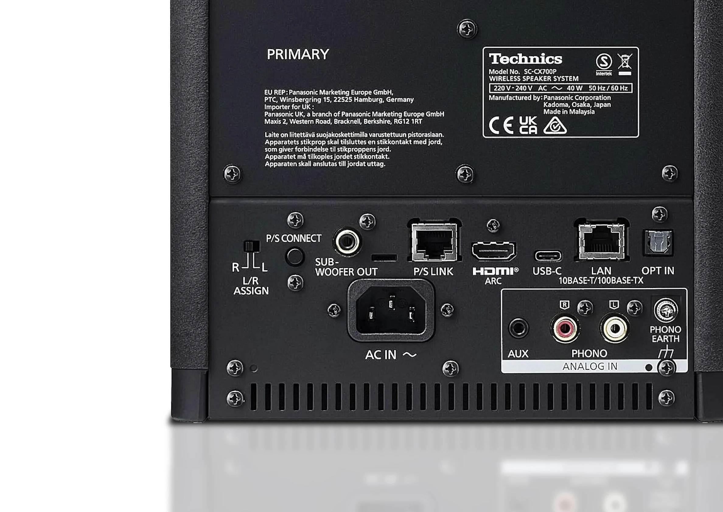 Image of the back of the speaker highlighting connection ports.