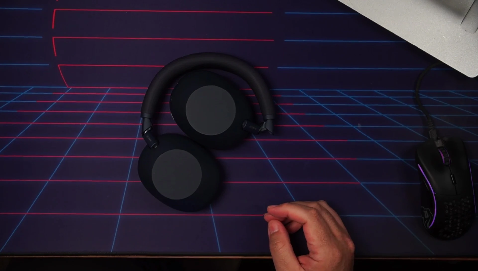 Close-up of midnight blue XM6 headphones