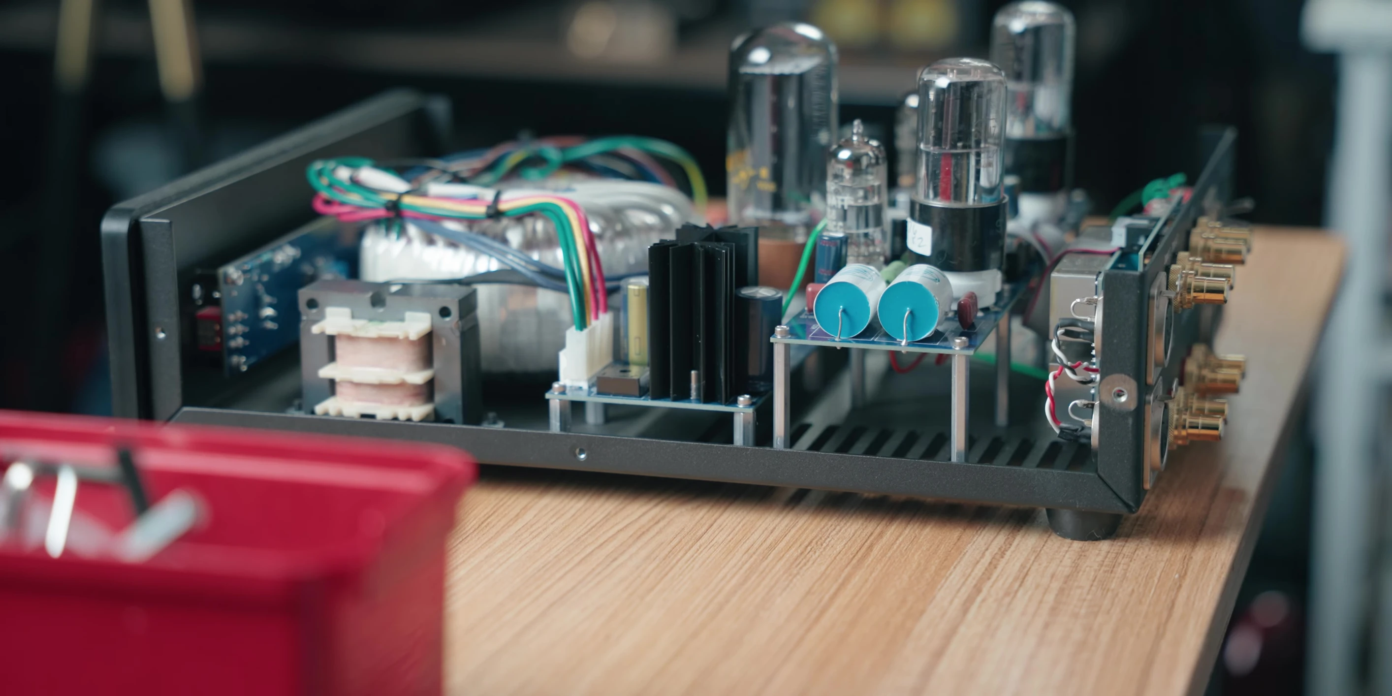 Close-up view of the Modwright capacitors inside the unit.