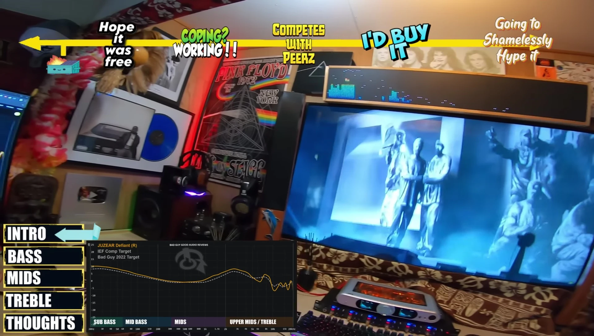 Screenshot showing the reviewer listening to music and analyzing the bass response.