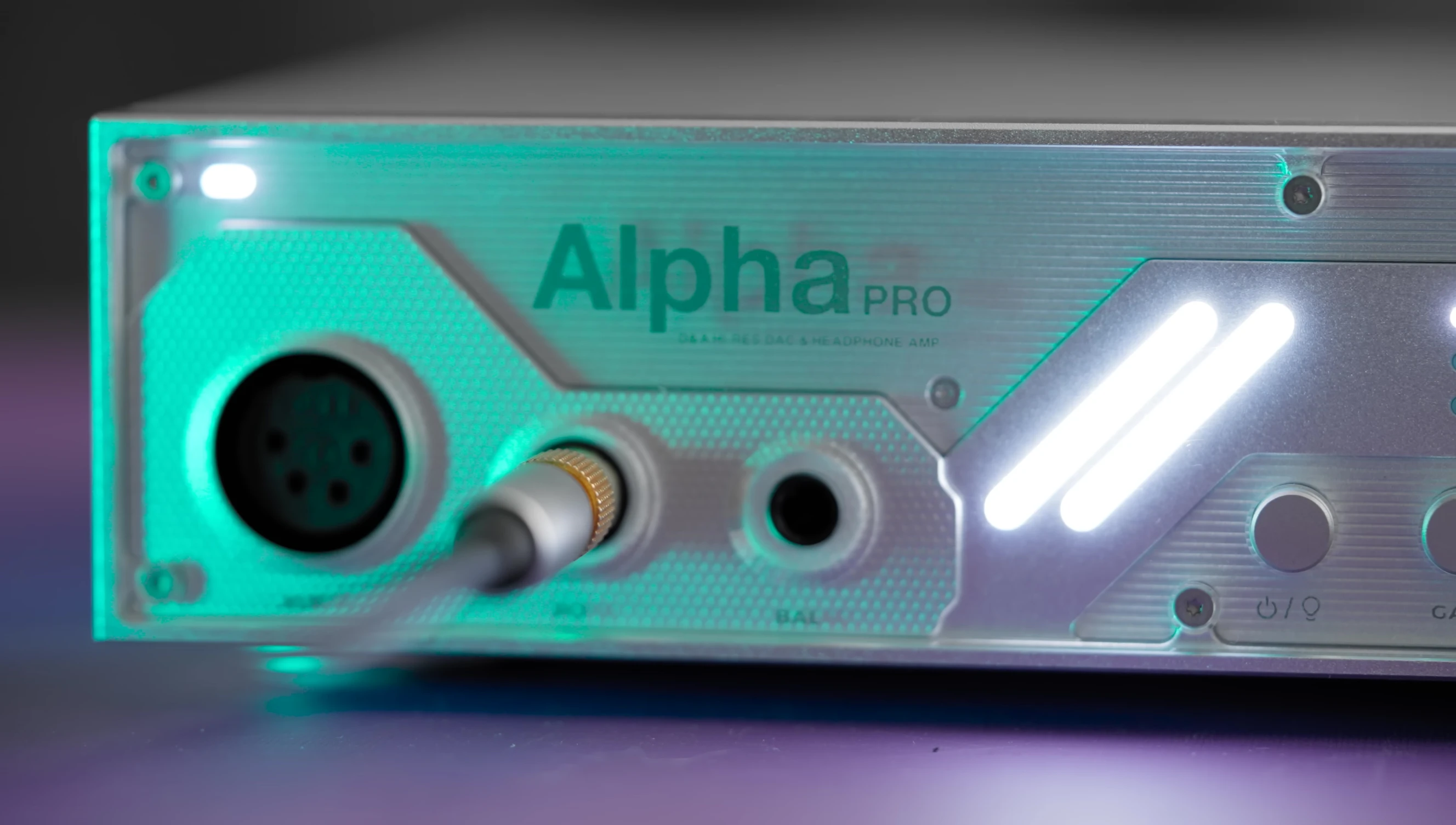 The Alpha Pro with the LEDs illuminating the front panel.