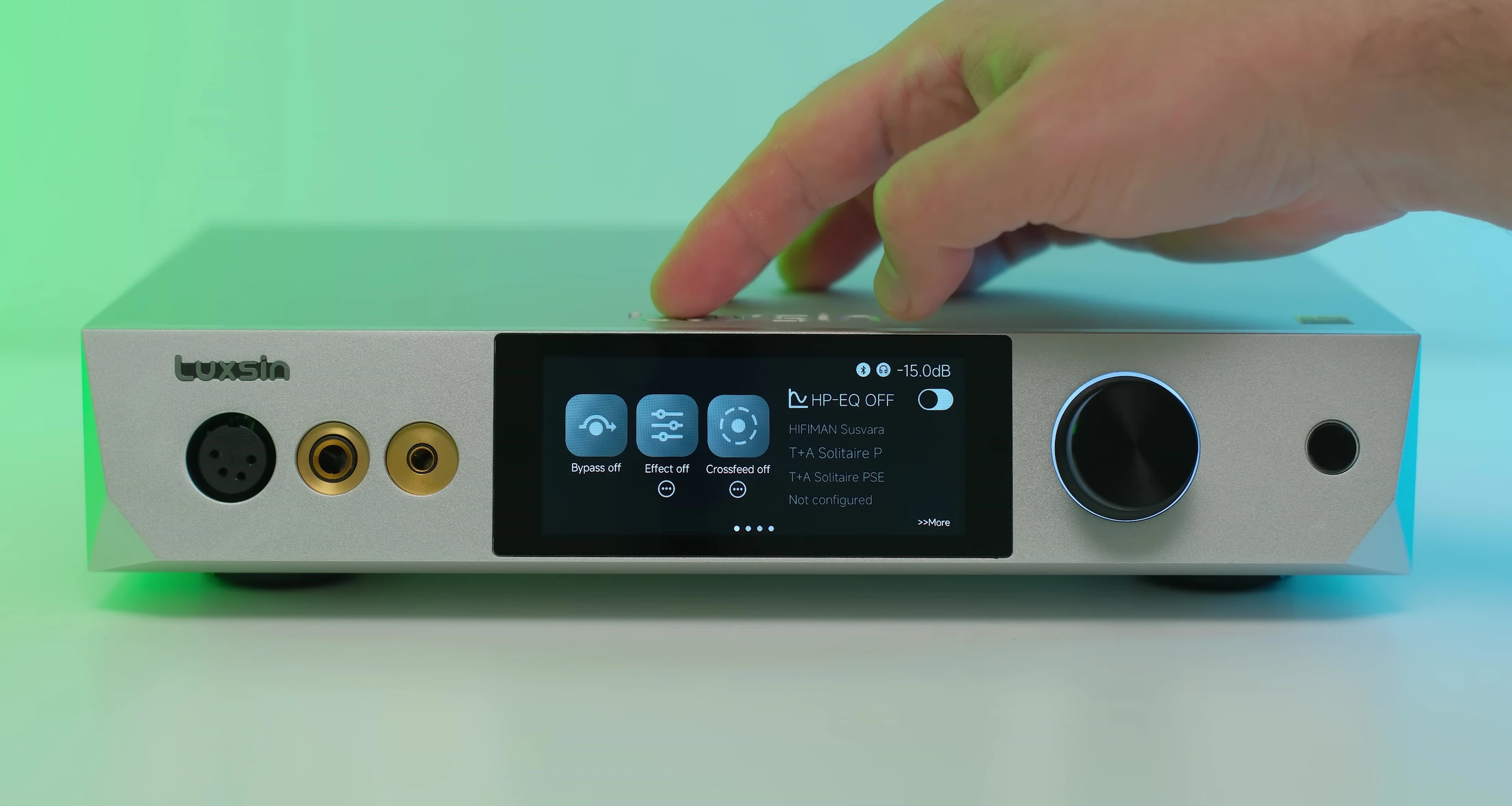 Screenshot of the Luxsin X9's touchscreen interface showcasing the FX tab with advanced audio options.