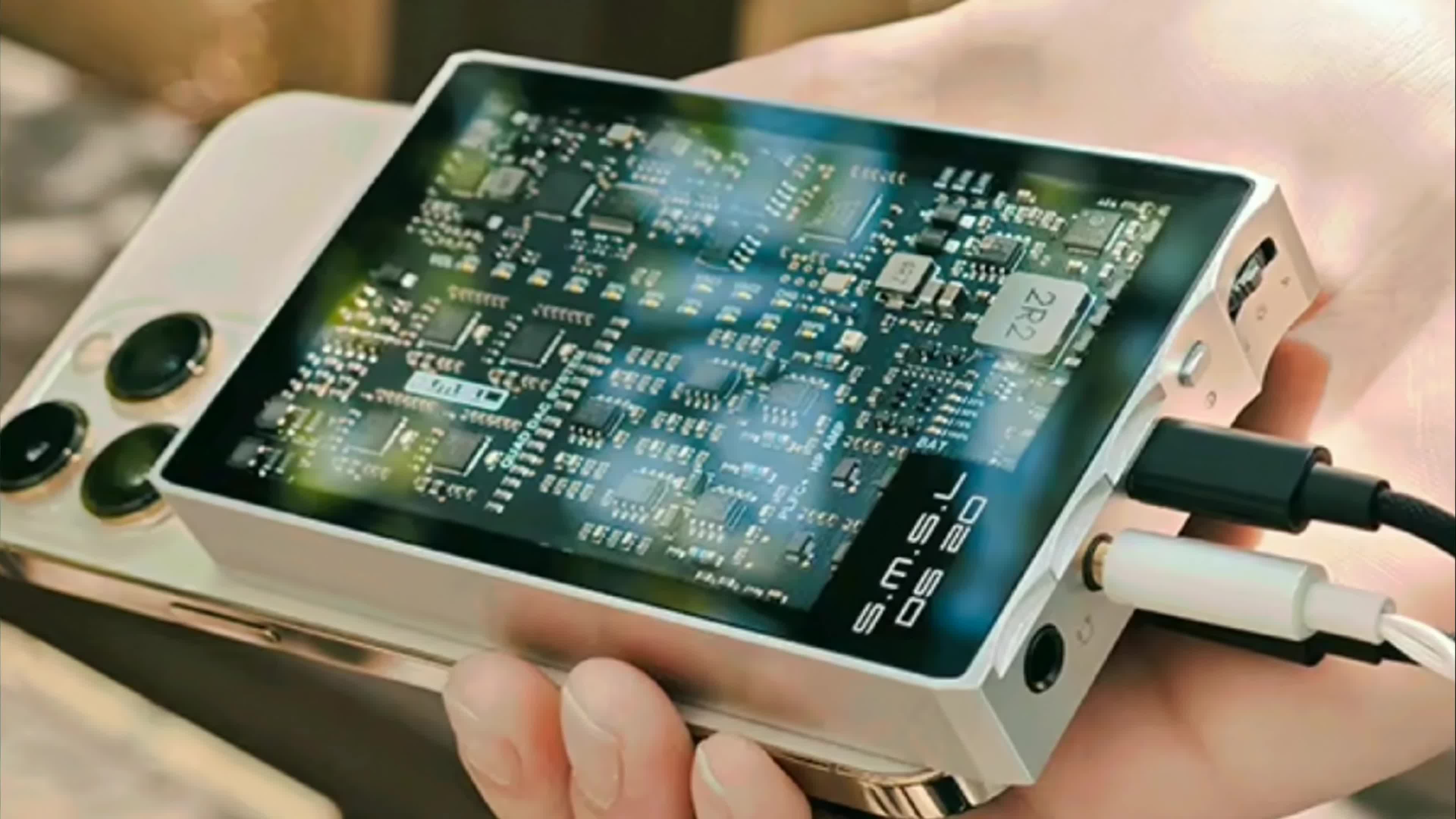Close-up of the SMSL DS20 DAC headphone amplifier.
