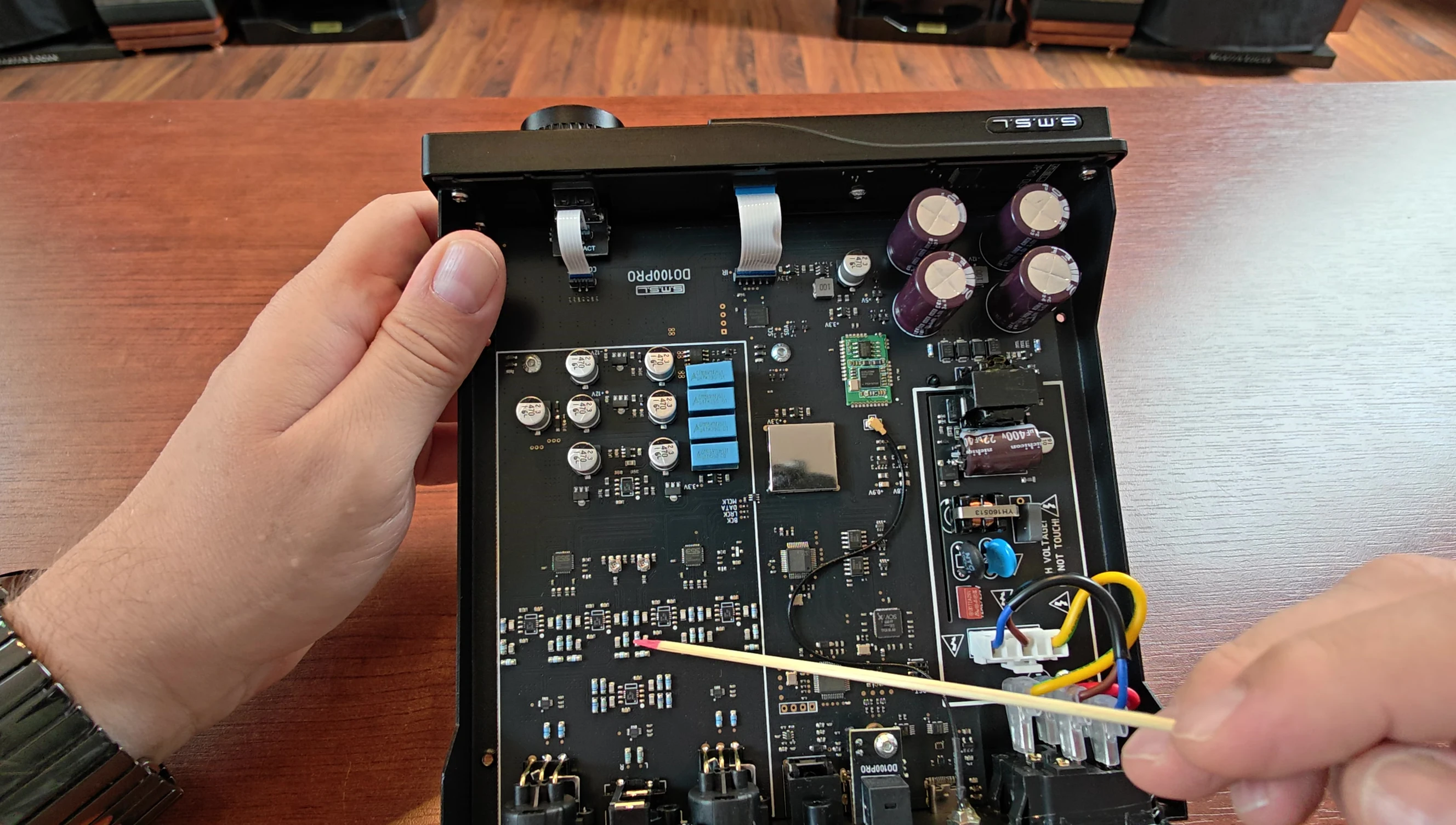 Close-up showcasing the dual ESS Sabre DAC chips and operational amplifiers
