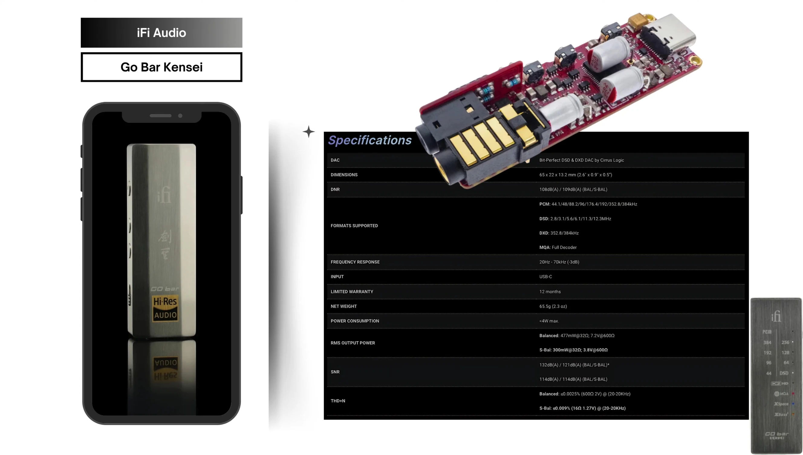 Specifications of the iFi Go Bar Kensei showing output power.
