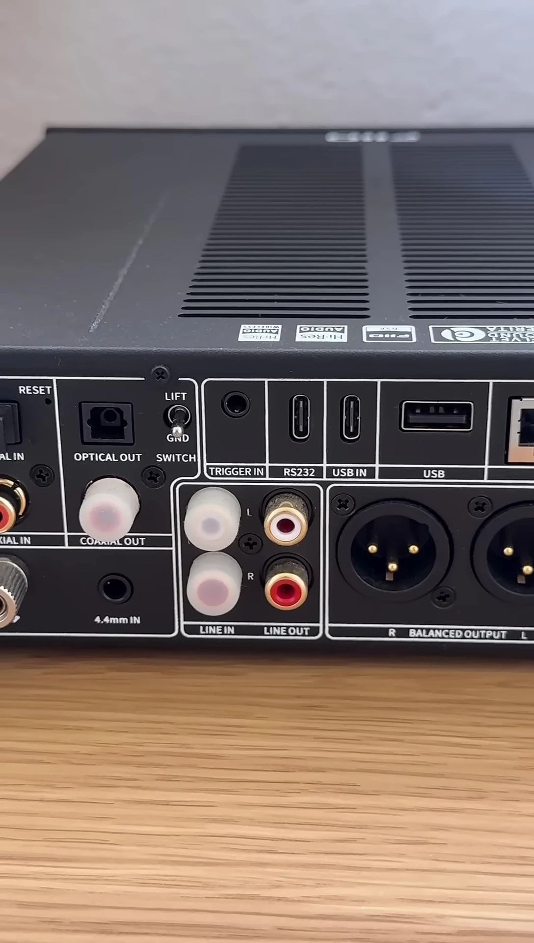 Close-up of the USB Type-C and Type-A ports, along with the balanced RJ45 output.