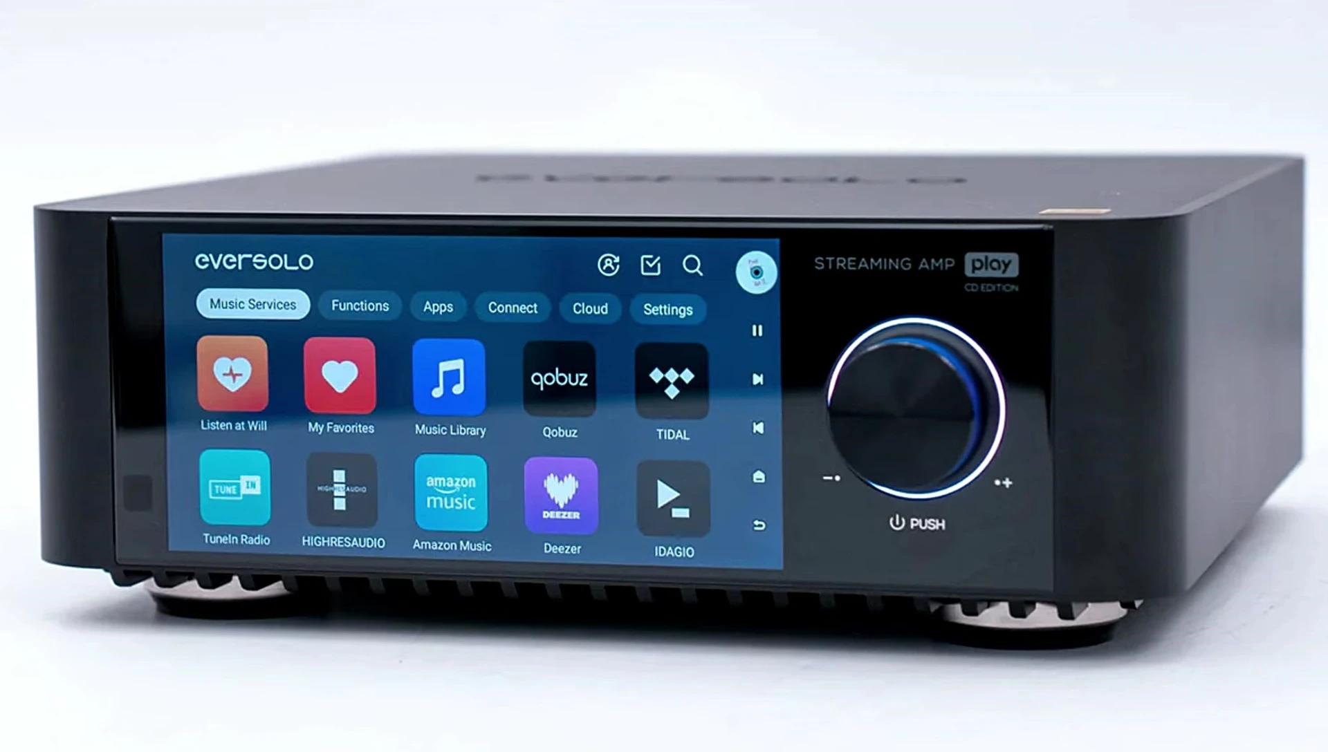 Close-up of the Eversolo Play's front panel, showcasing the brushed aluminum finish and touchscreen.