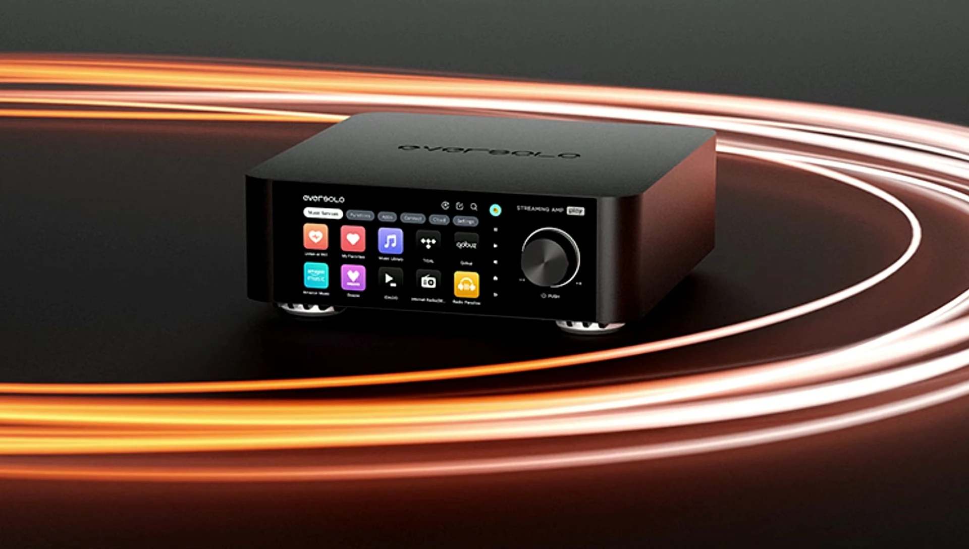 The 5.5-inch color touchscreen interface of the Eversolo Play.