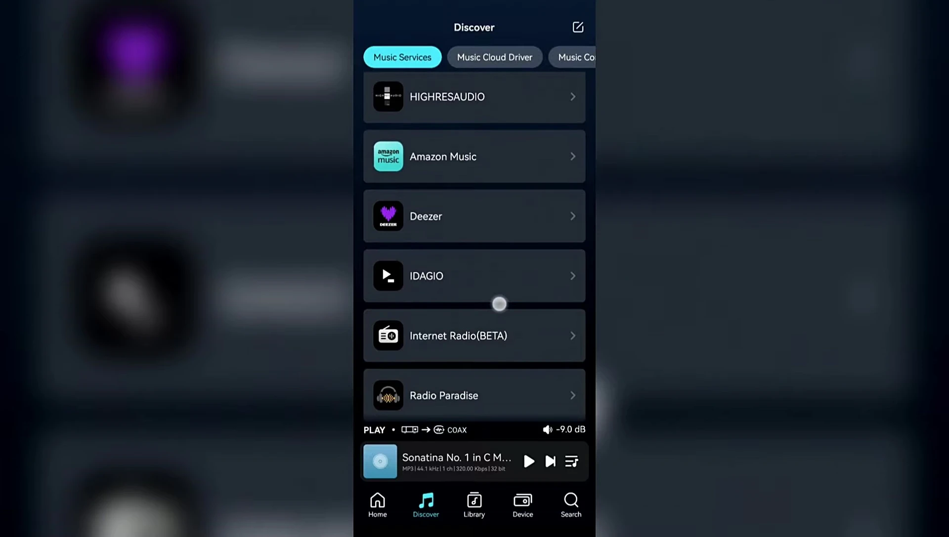 Screenshot of the Eversolo Play app interface, showcasing the supported streaming services.