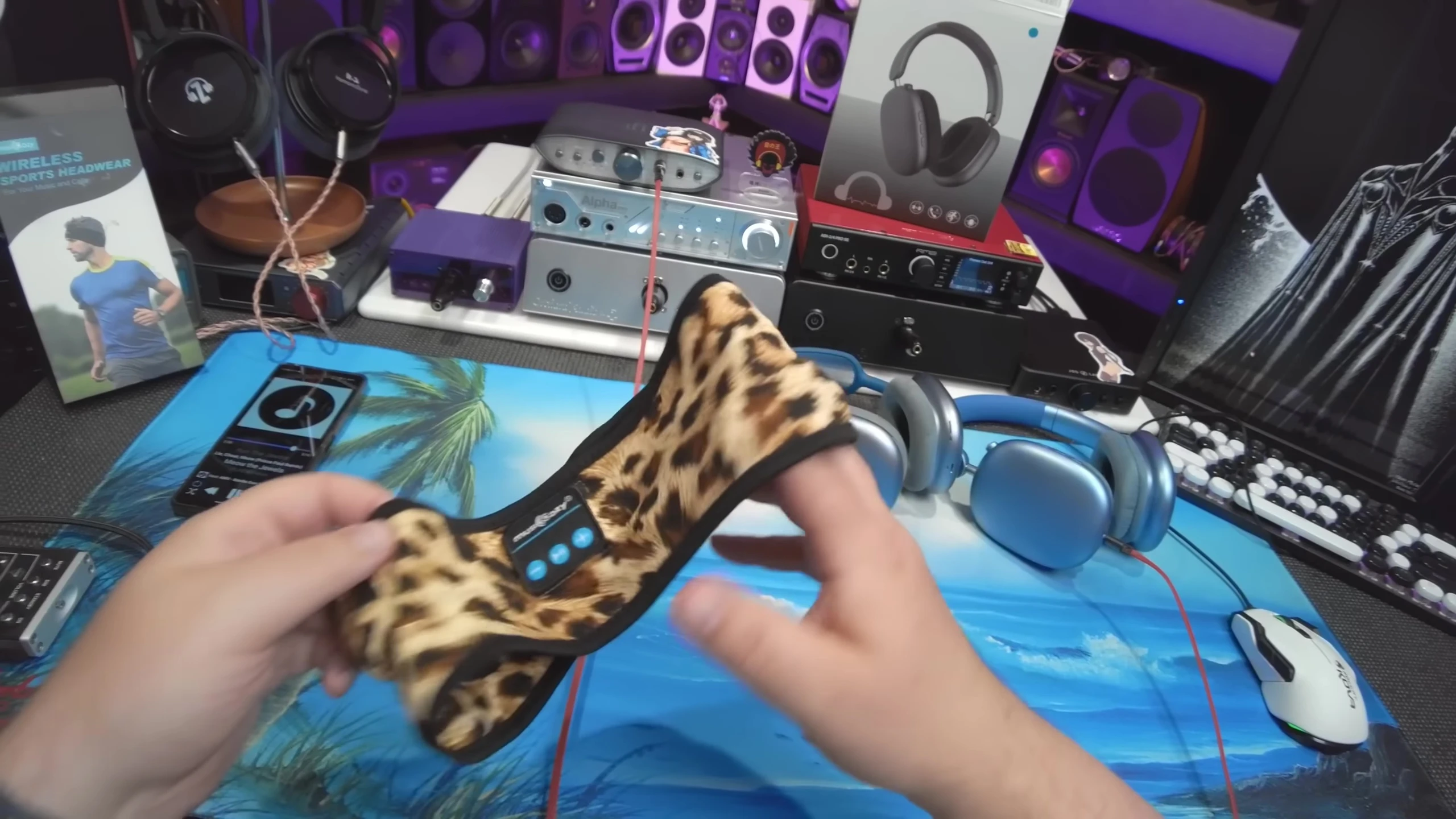 Close-up shot of the Music Cozy headphones in cheetah print.