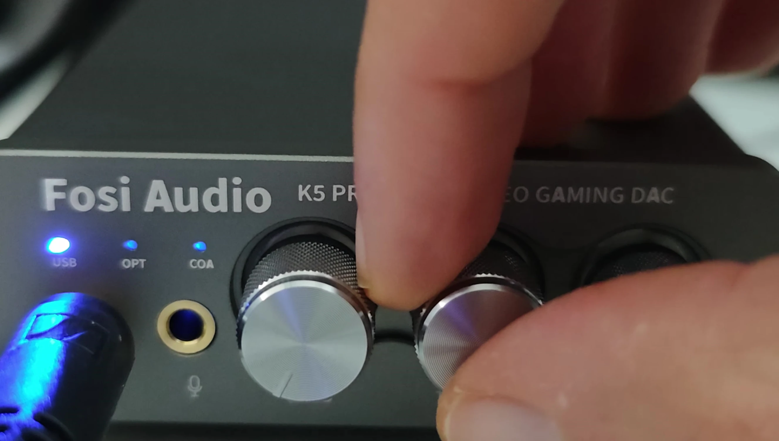Close-up of the Fosi Audio K5 Pro during sound testing
