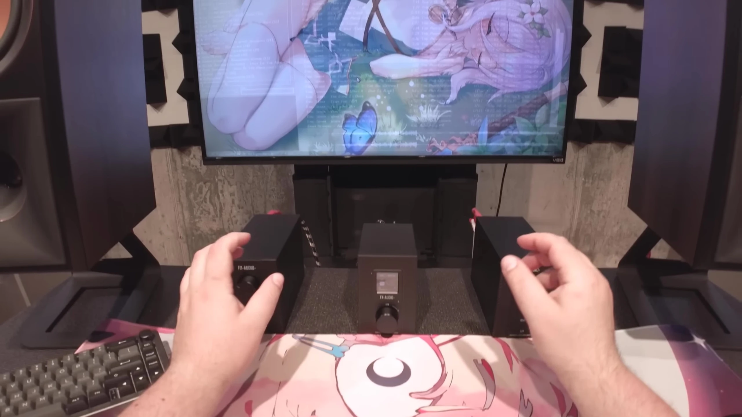 The reviewer holding one of the amplifier cubes