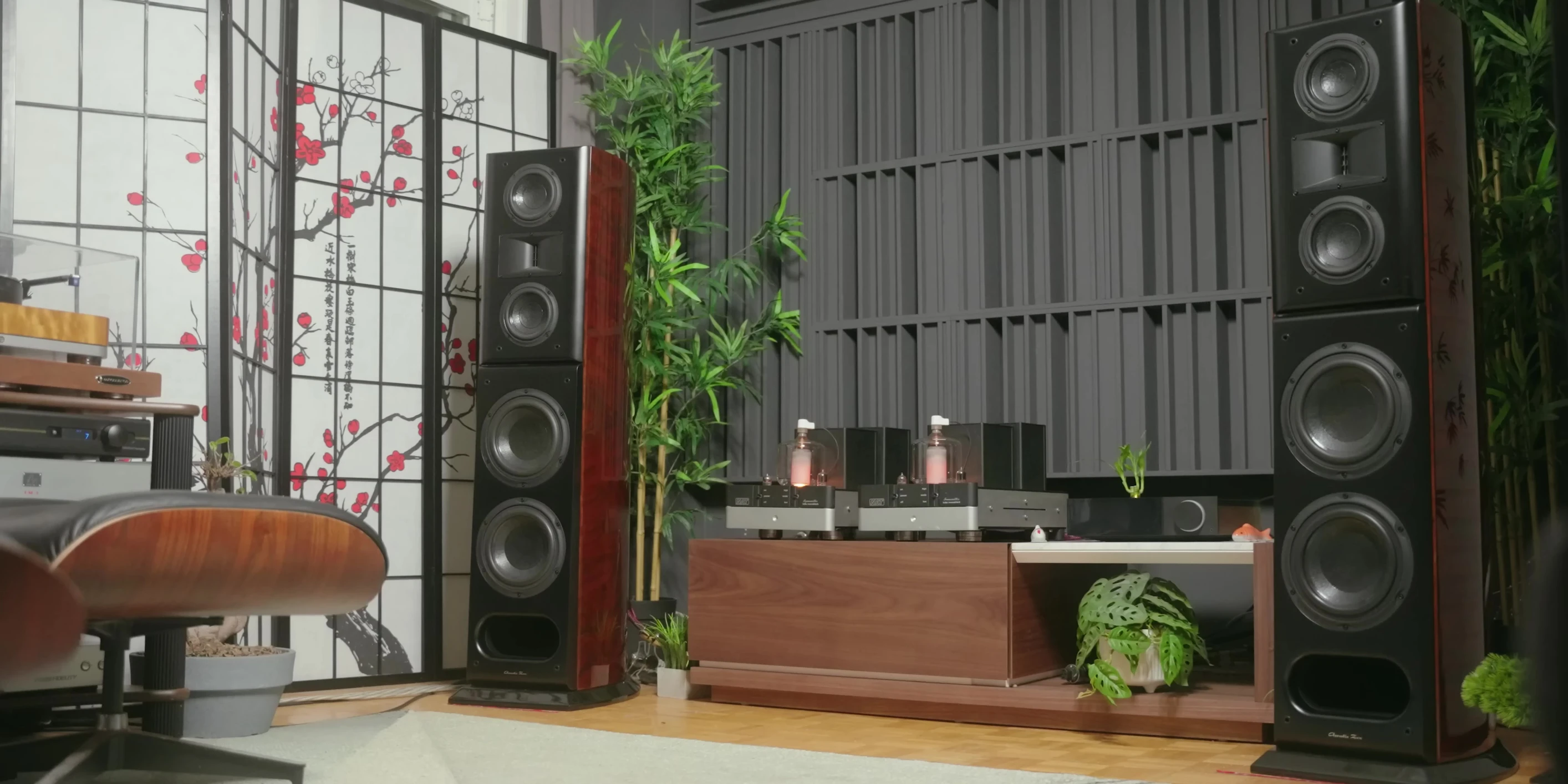 A shot showing a large tower speaker.